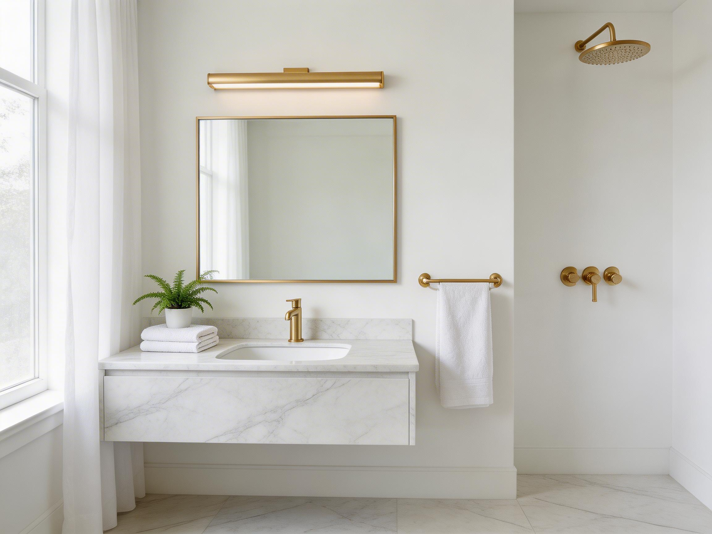 A fully styled bathroom with consistent brushed gold fixtures and accessories, demonstrating how gold bathroom decor transforms a neutral white space into a warm and luxurious retreat.