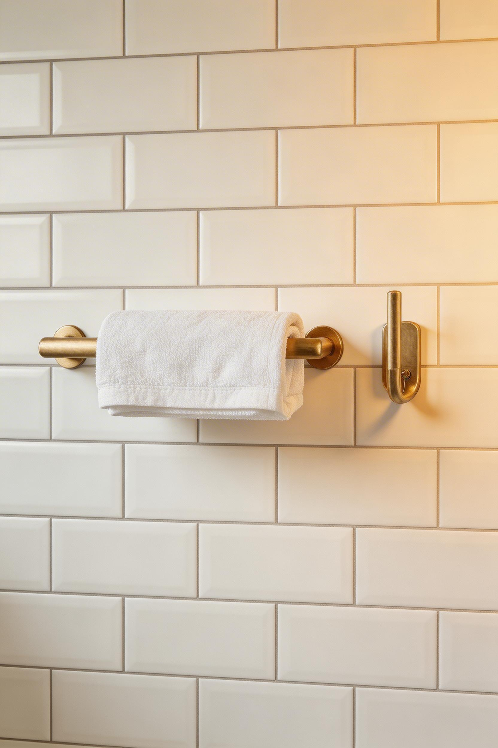 Matching brushed gold towel bars and hooks are the connective tissue that makes gold bathroom decor feel intentional and complete.