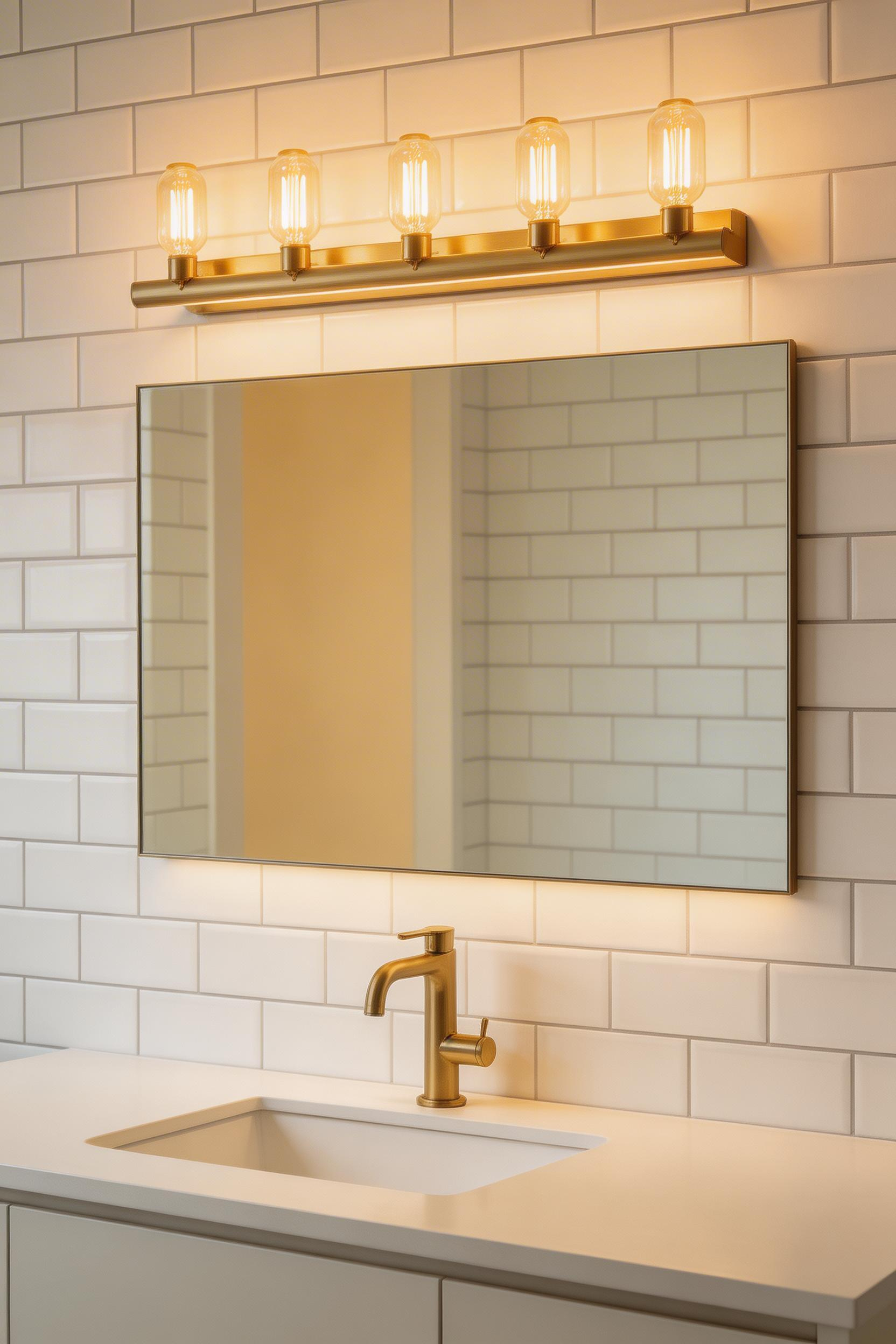 A gold vanity bar light creates the warm, layered illumination that makes gold bathroom decor feel intentional and luxurious rather than incidental.