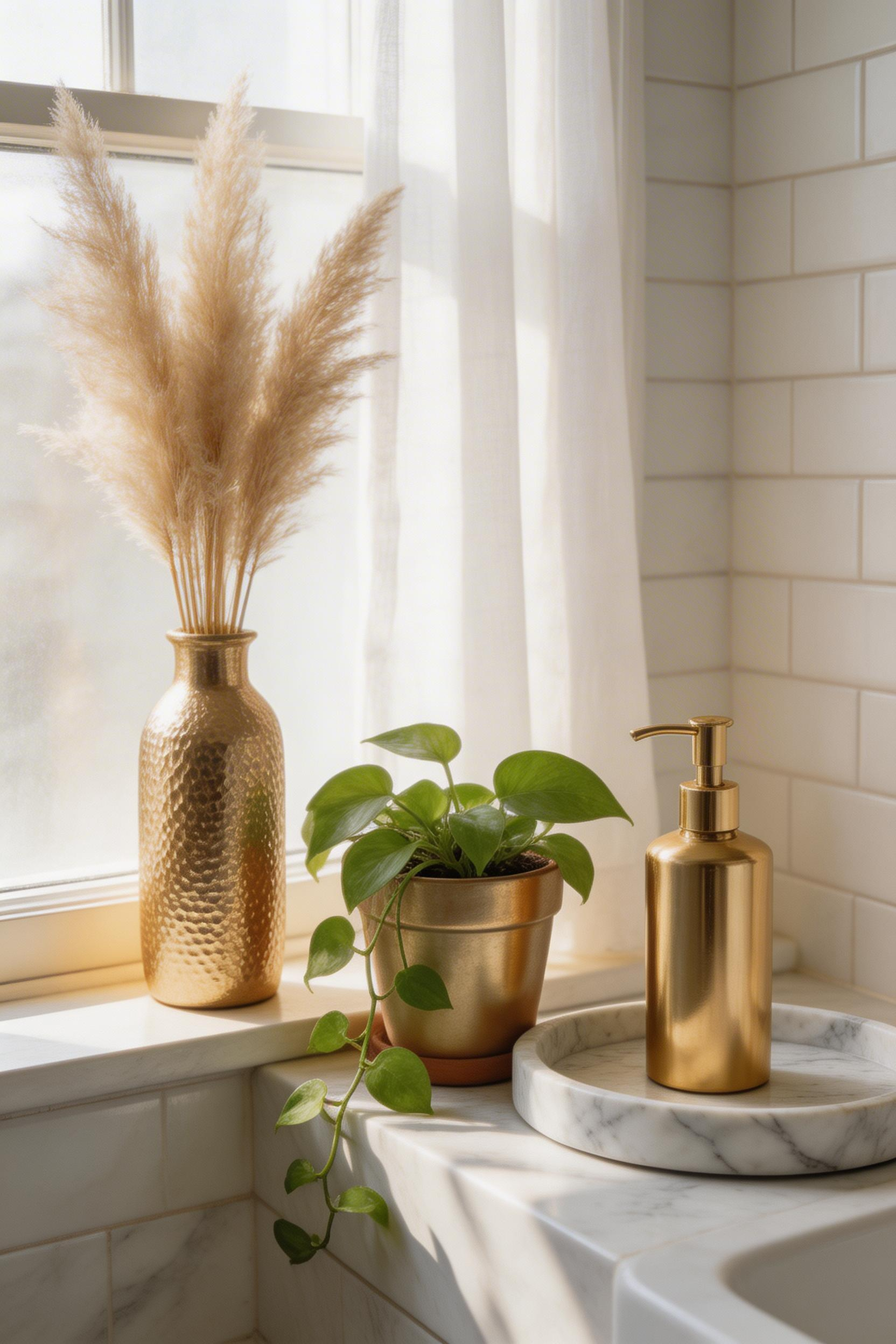 Gold vases, metallic plant pots, and dried botanicals bring the organic warmth that makes gold bathroom decor feel genuinely lived-in and beautifully styled.