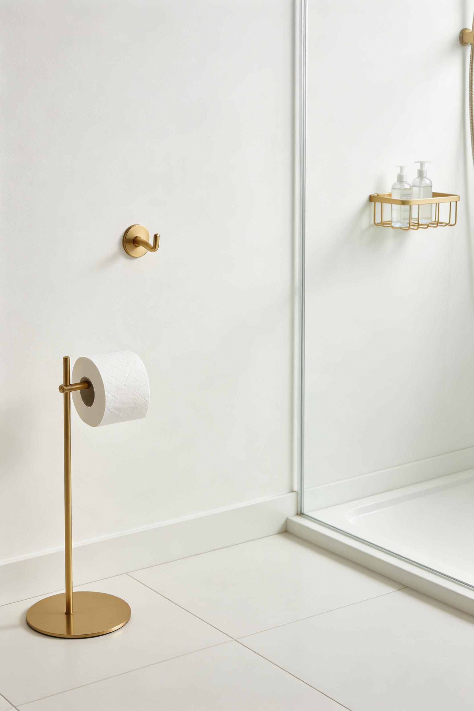 Matching gold small fixtures — toilet paper holder, robe hook, shower caddy — create the finish consistency that makes gold bathroom decor feel fully considered rather than piecemeal.