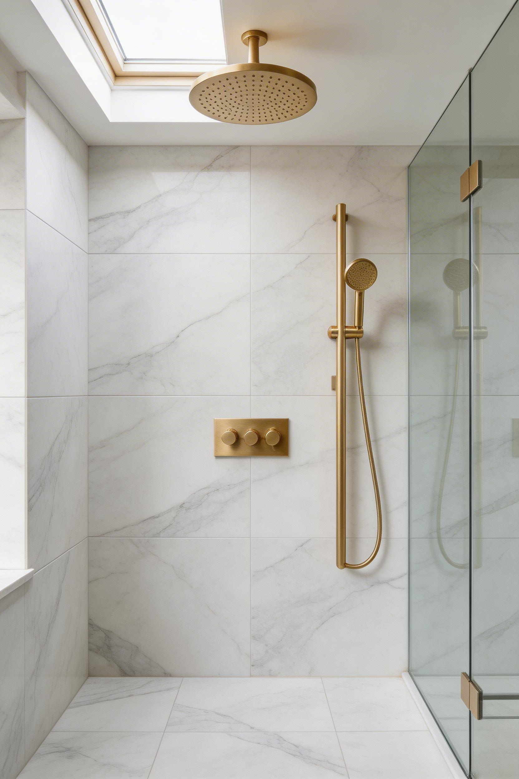 A brushed gold rainfall shower head is one of the most dramatic gold bathroom decor statements, transforming the shower into a spa-like centrepiece.