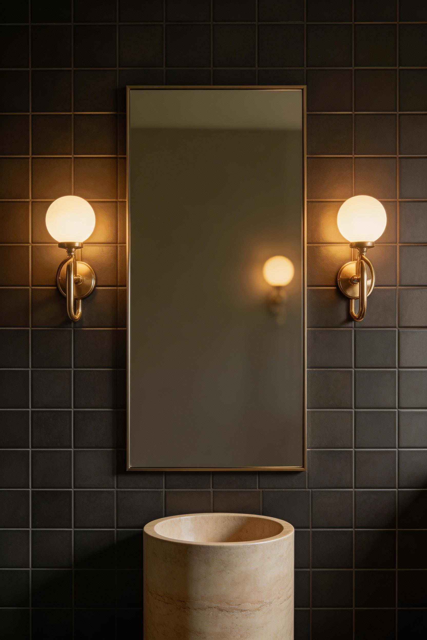 Gold wall sconces create the warm ambient layer that transforms standard bathroom lighting into something that feels distinctly luxurious and spa-like.
