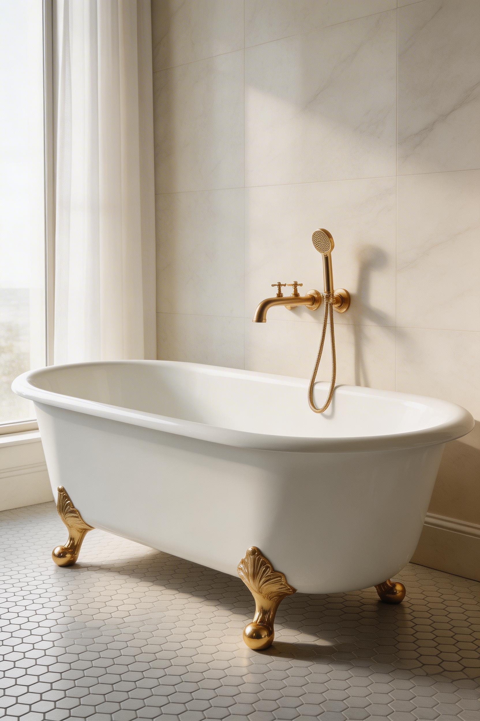 A clawfoot tub with gold ball-and-claw feet is the most dramatic centrepiece in gold bathroom decor, anchoring the entire space around a single investment piece.