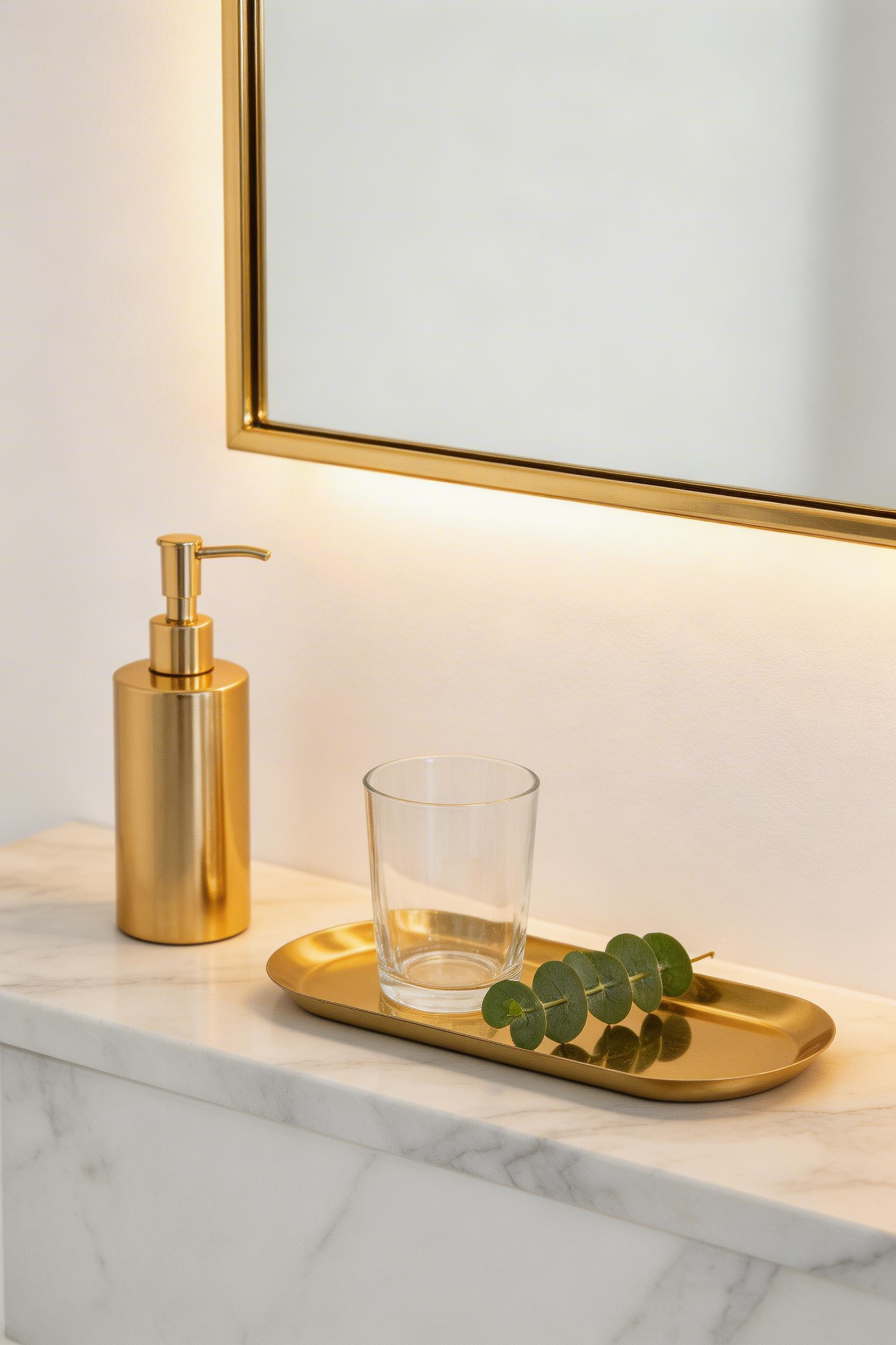 A gold counter accessory set with a marble tray brings the kind of considered styling to bathroom counter spaces that defines polished gold bathroom decor.