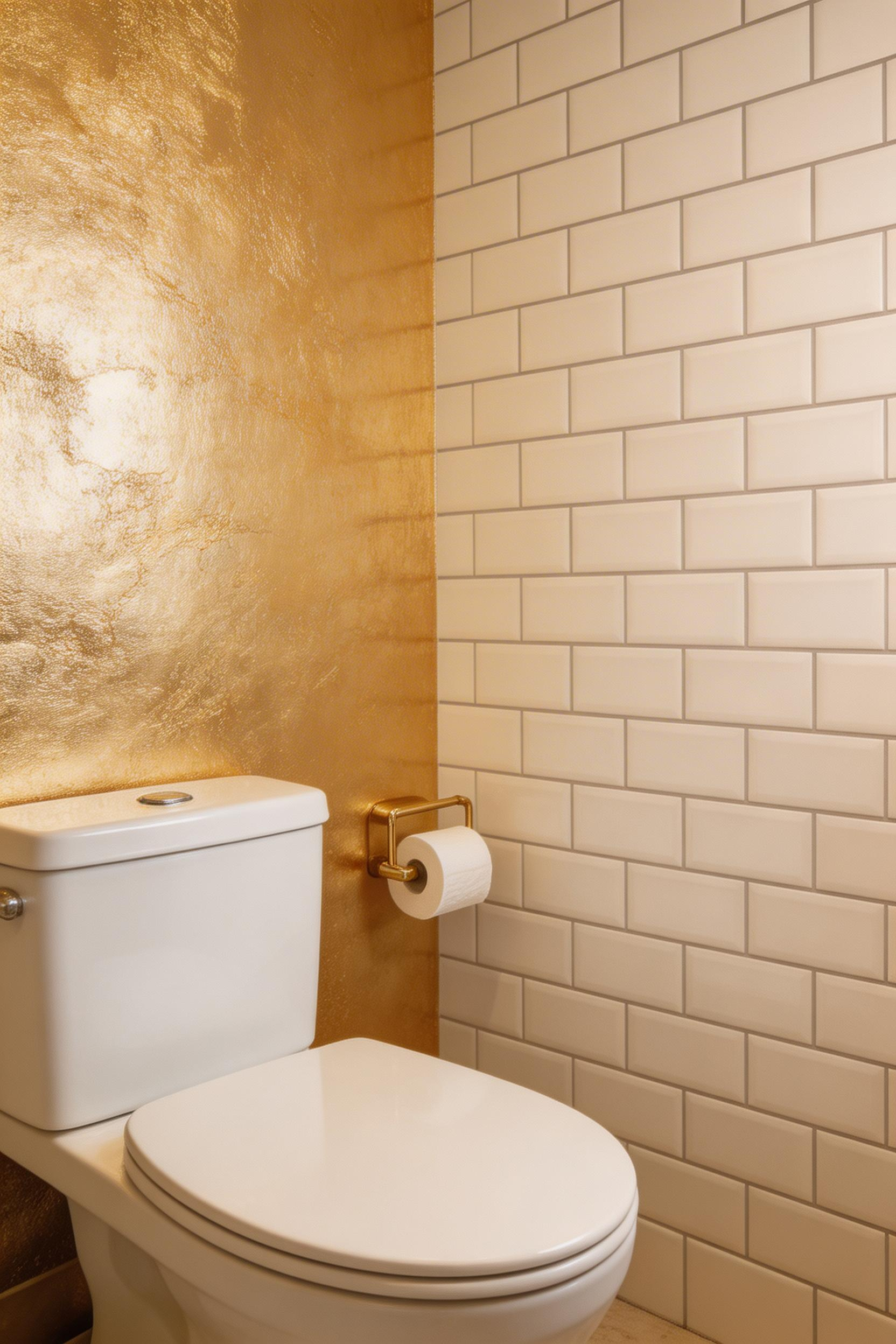 A gold leaf wallpaper accent wall brings immediate drama to a bathroom and is one of the most impactful single gold bathroom decor decisions at any budget level.