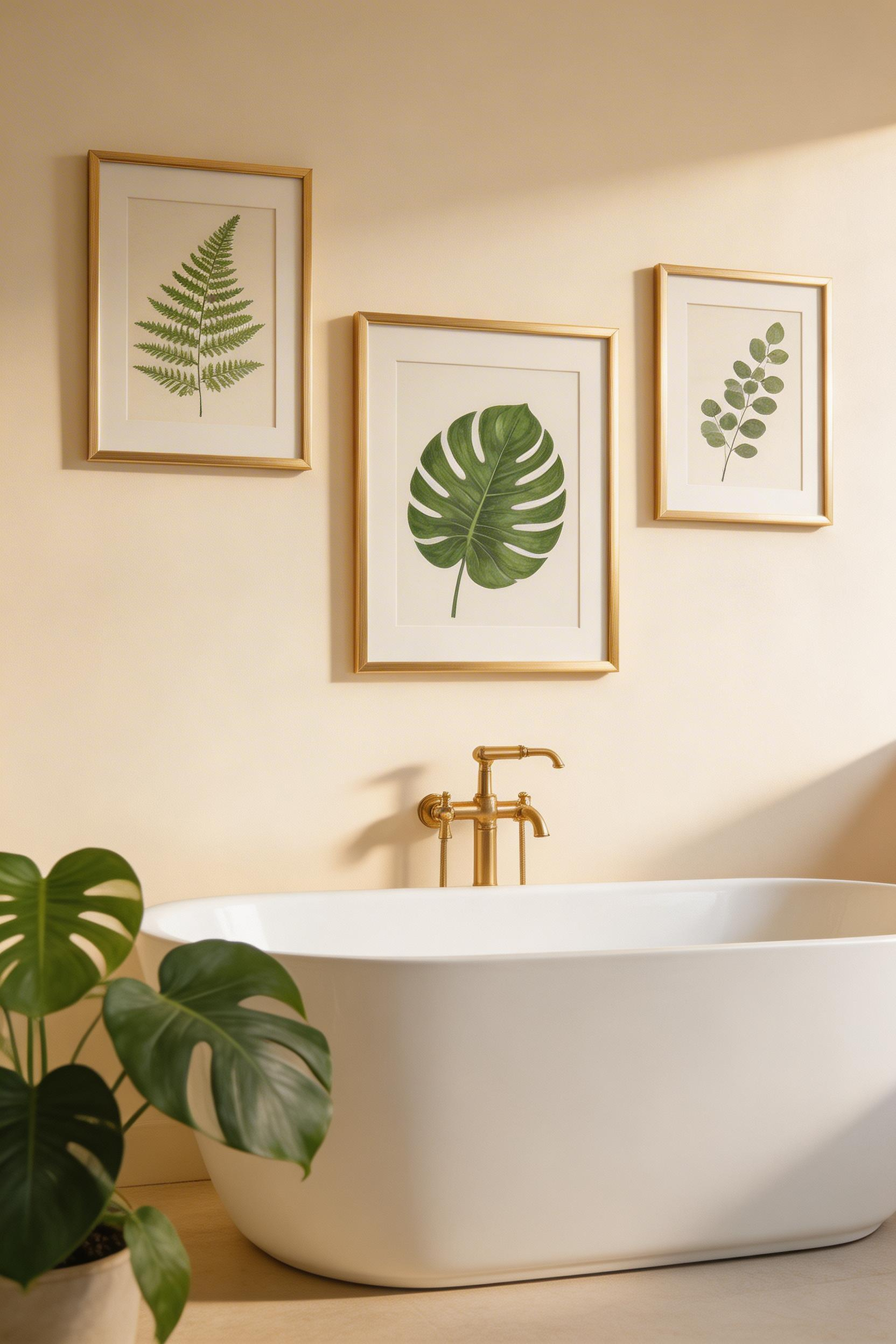 A gallery wall of gold-framed botanical prints adds curated personality to bathroom walls and reinforces the warm, layered quality of gold bathroom decor.