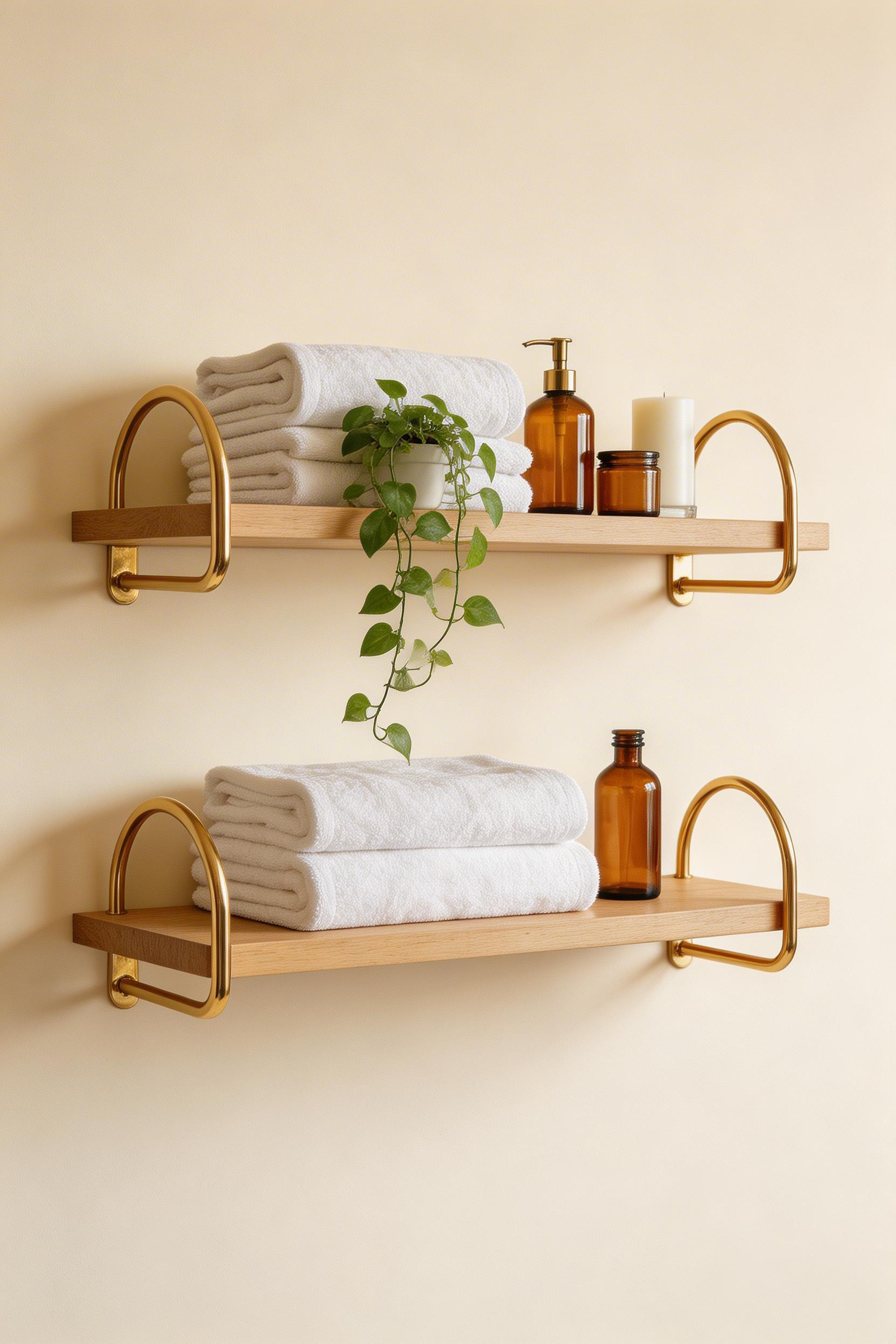 Gold-bracketed floating shelves give bathrooms a designed, editorial quality while providing practical storage for gold bathroom decor accessories and towels.