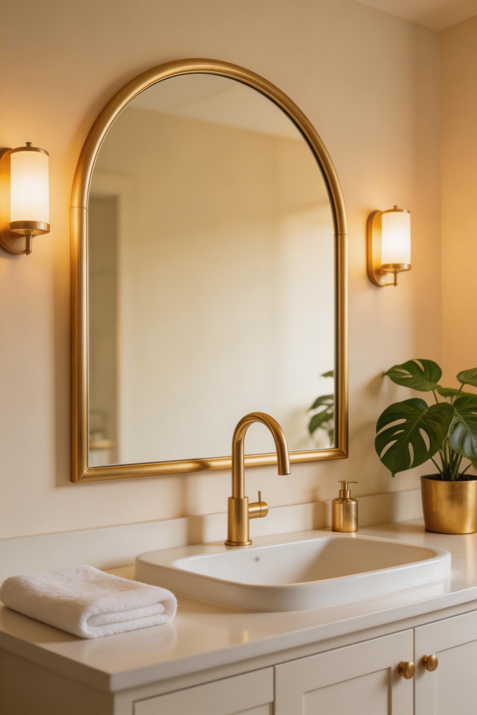 A gold-framed arch mirror anchors the vanity area and introduces a refined warmth that ties together gold bathroom decor throughout the space.