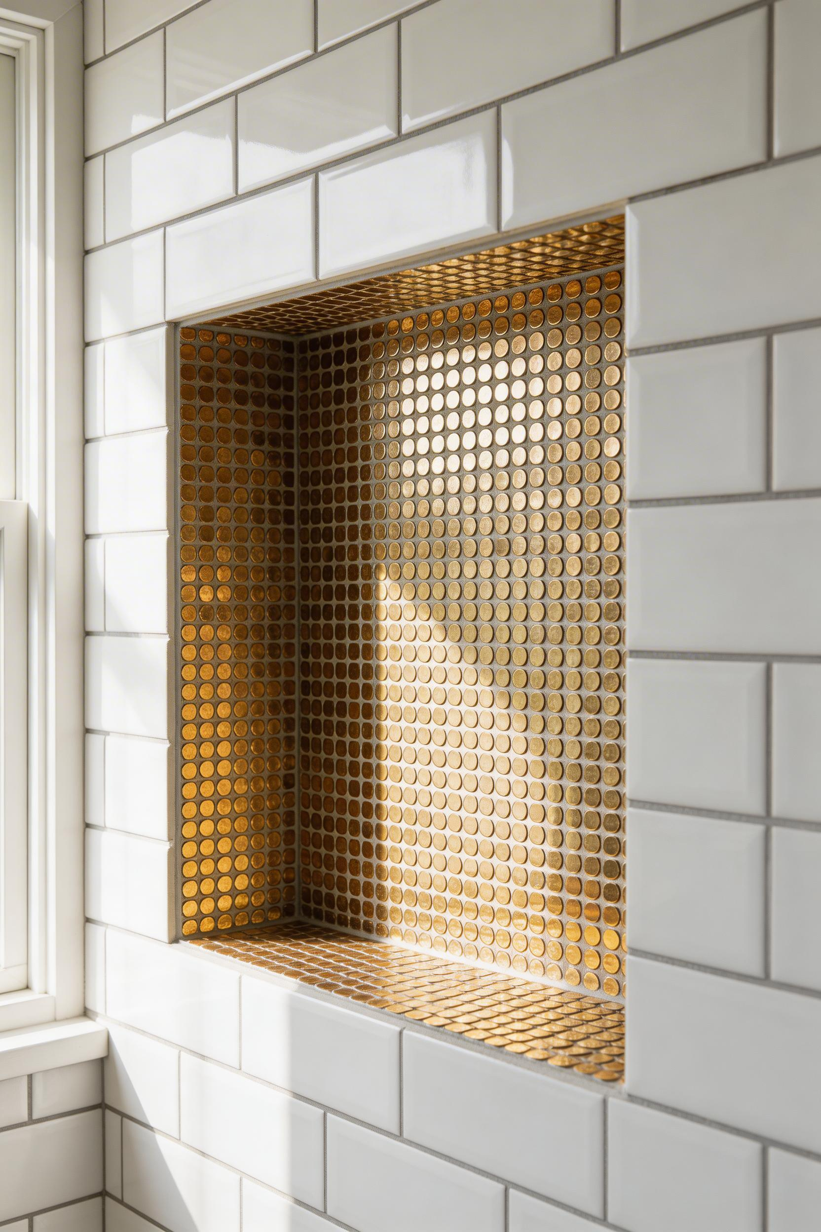 A shower niche tiled in gold penny rounds is one of the most effective contained gold bathroom decor statements, visible every time you open the shower door.