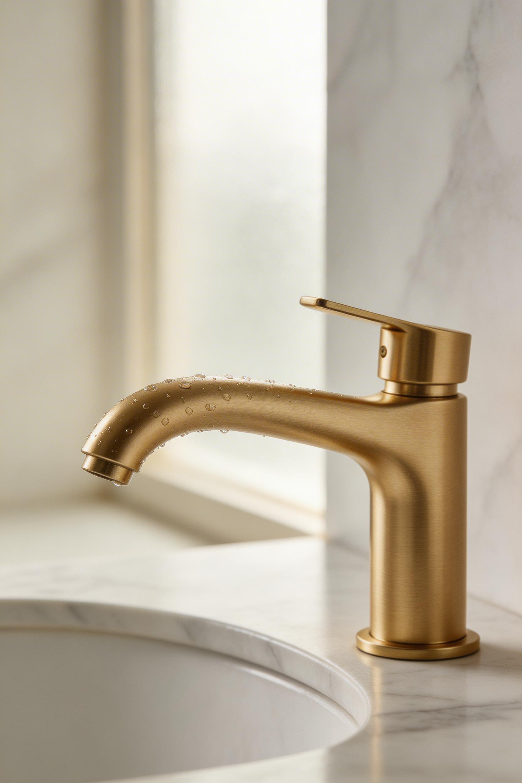 A brushed gold faucet is one of the most impactful single upgrades in gold bathroom decor, transforming the vanity from functional to polished.