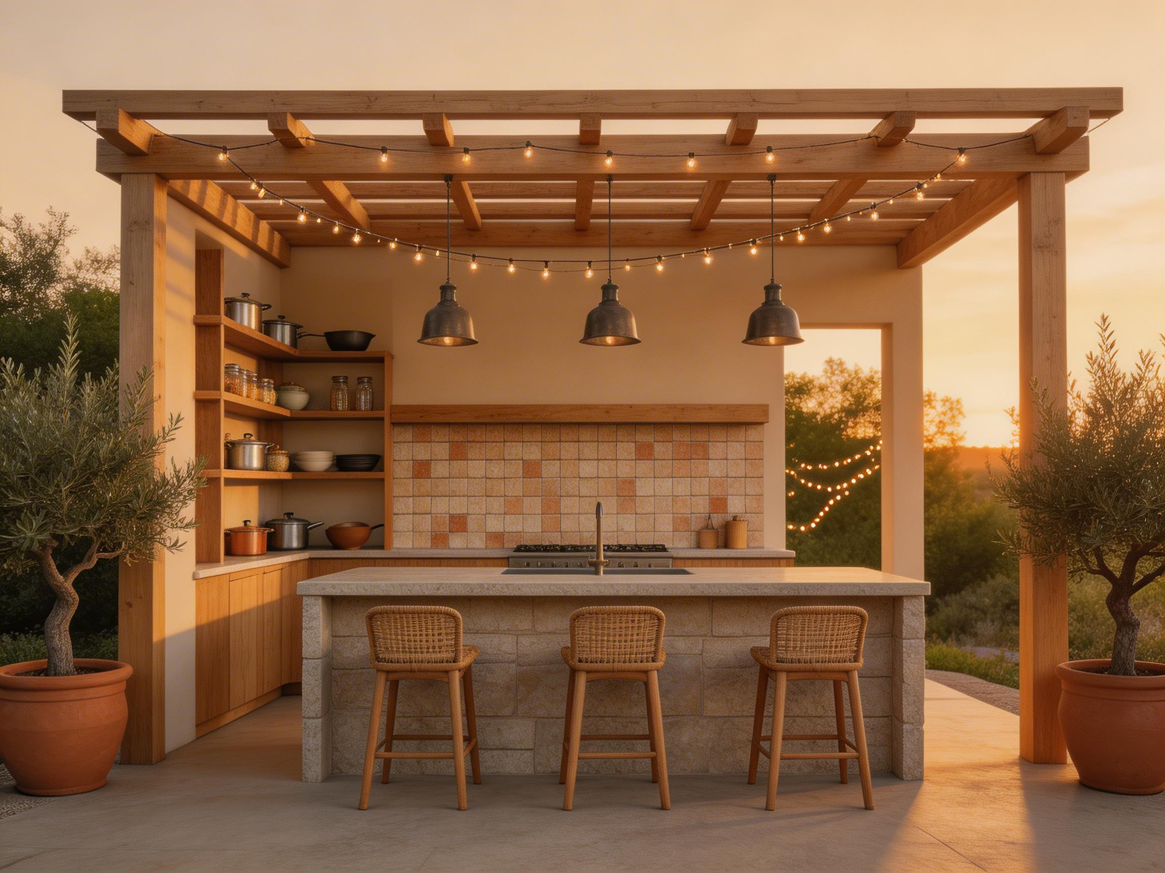 A fully realised outdoor kitchen with coordinated decor elements — overhead structure, lighting, living plants, and styled accessories — that transforms a patio cooking station into a year-round entertaining hub.