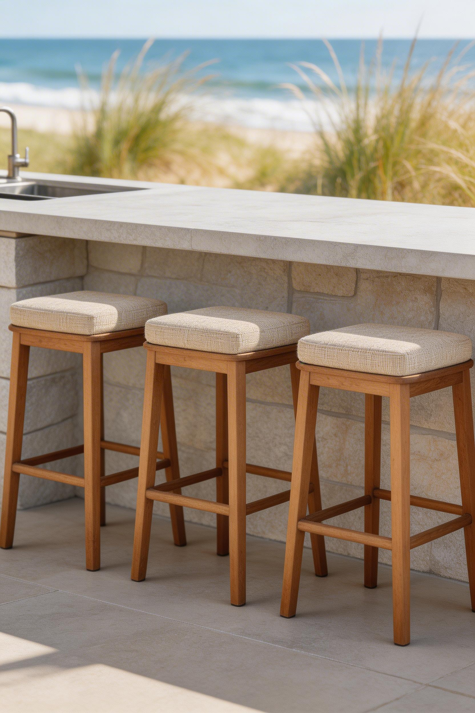 Well-chosen outdoor bar stools balance durability and design, completing the outdoor kitchen decor without needing replacement every two seasons.