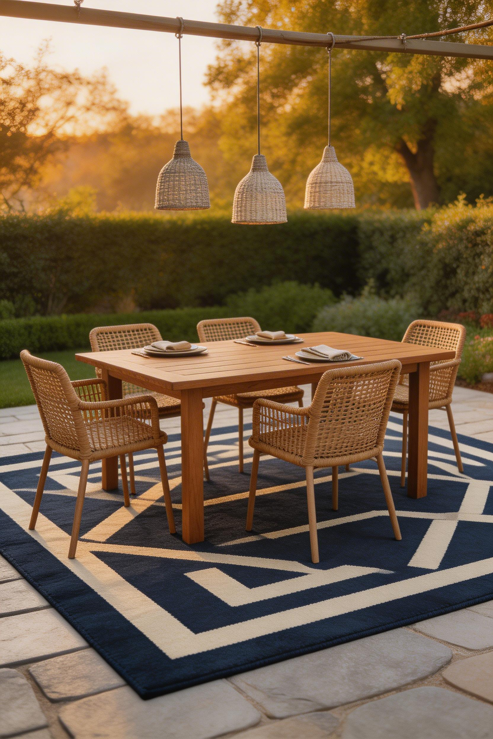 A bold outdoor rug defines the dining zone in outdoor kitchen decor and adds warmth to hard patio surfaces.