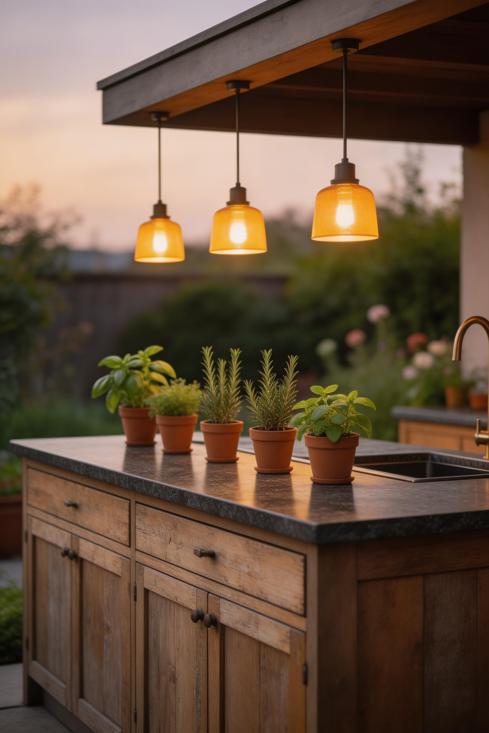Well-placed pendant lighting transforms outdoor kitchen decor from a functional cooking station into a warm, inviting destination after dark.