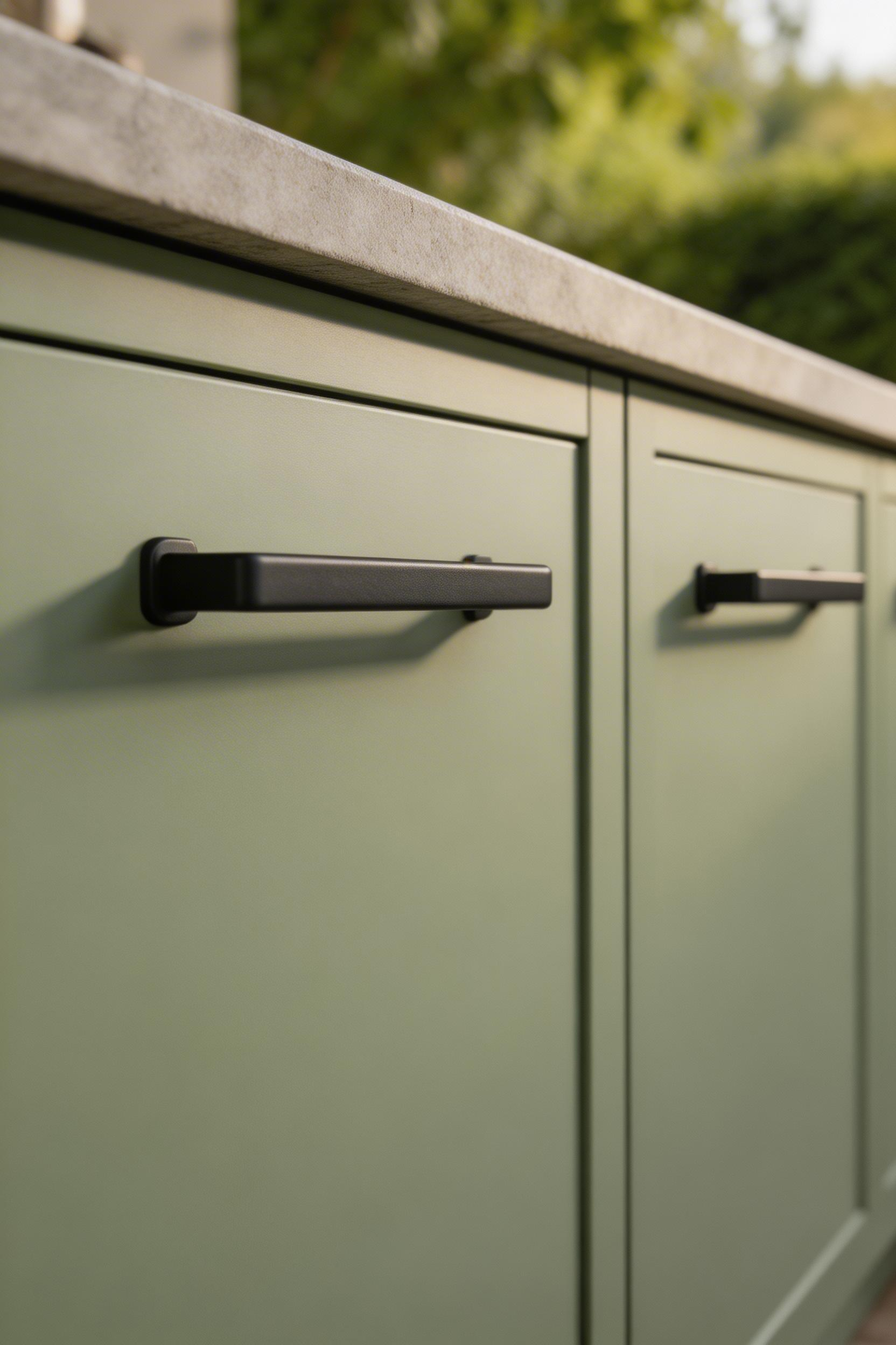 Swapping cabinet hardware is the quickest and cheapest way to update outdoor kitchen decor — matte black pulls on bold cabinetry create an immediate style statement.