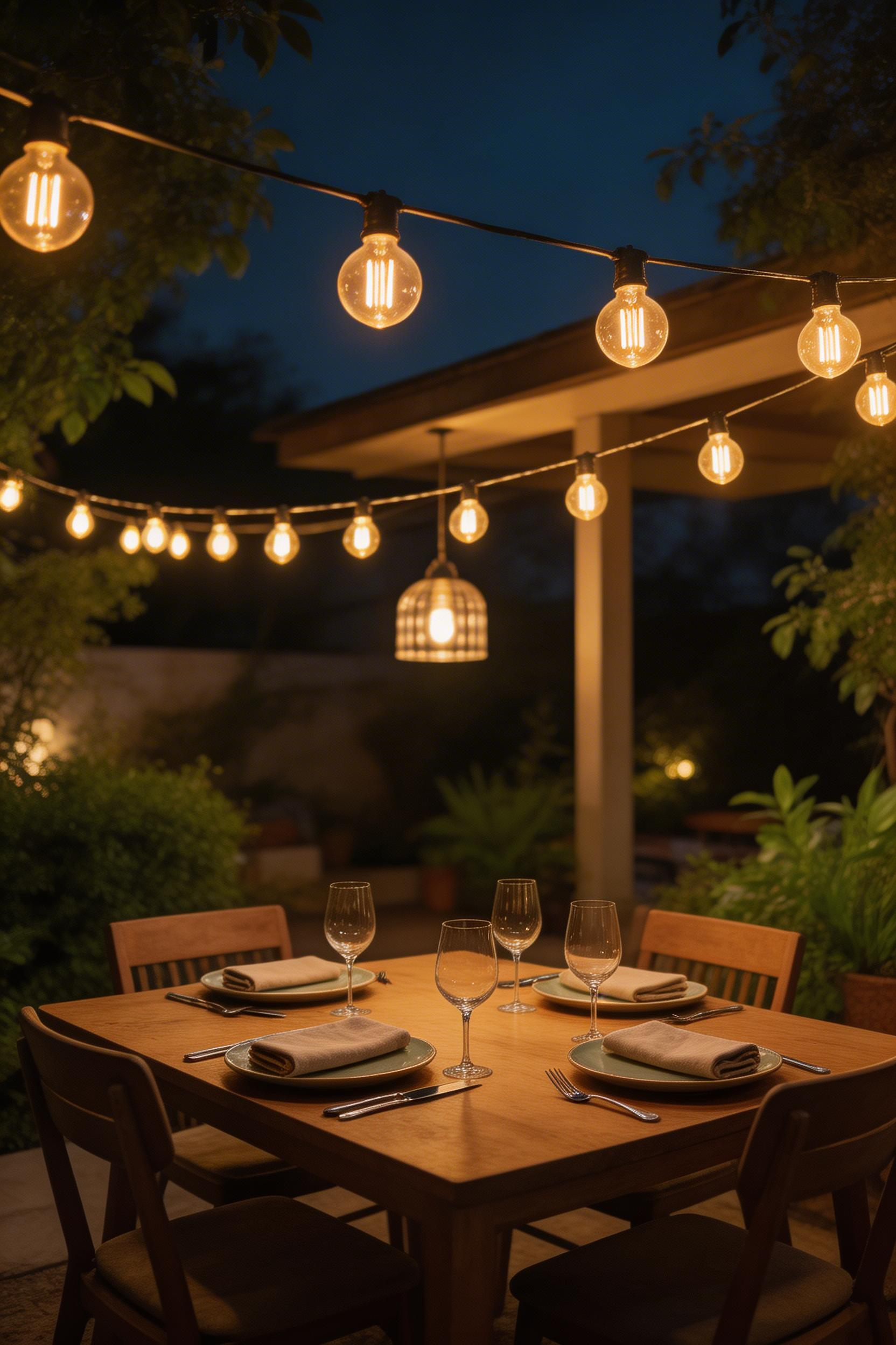 Warm S14 string lights transform outdoor kitchen decor after dark, creating a cafe-style ambiance that extends entertaining well into the evening.