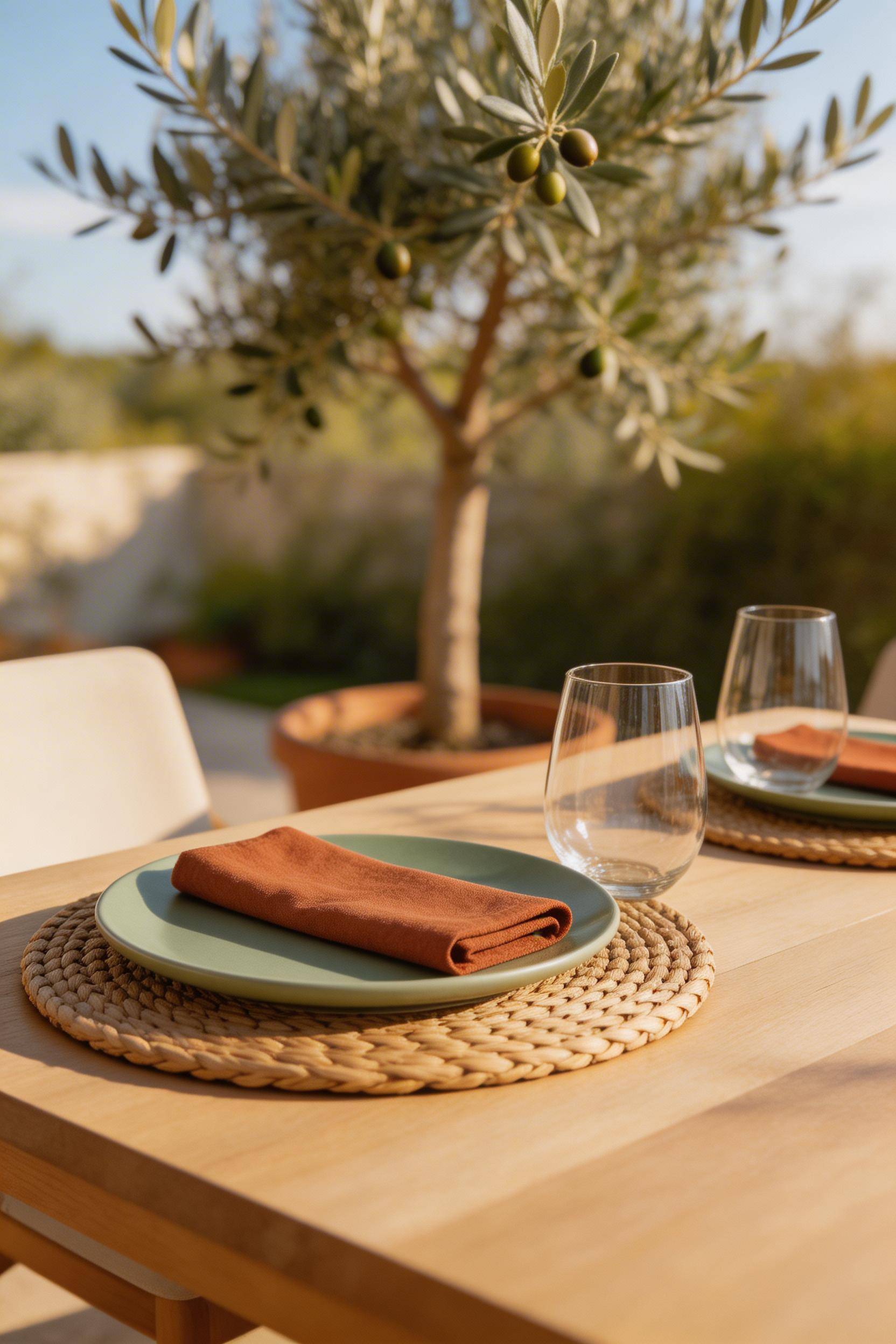 Coordinated outdoor tableware and textiles complete the outdoor kitchen decor picture and signal that the dining space was designed, not assembled.
