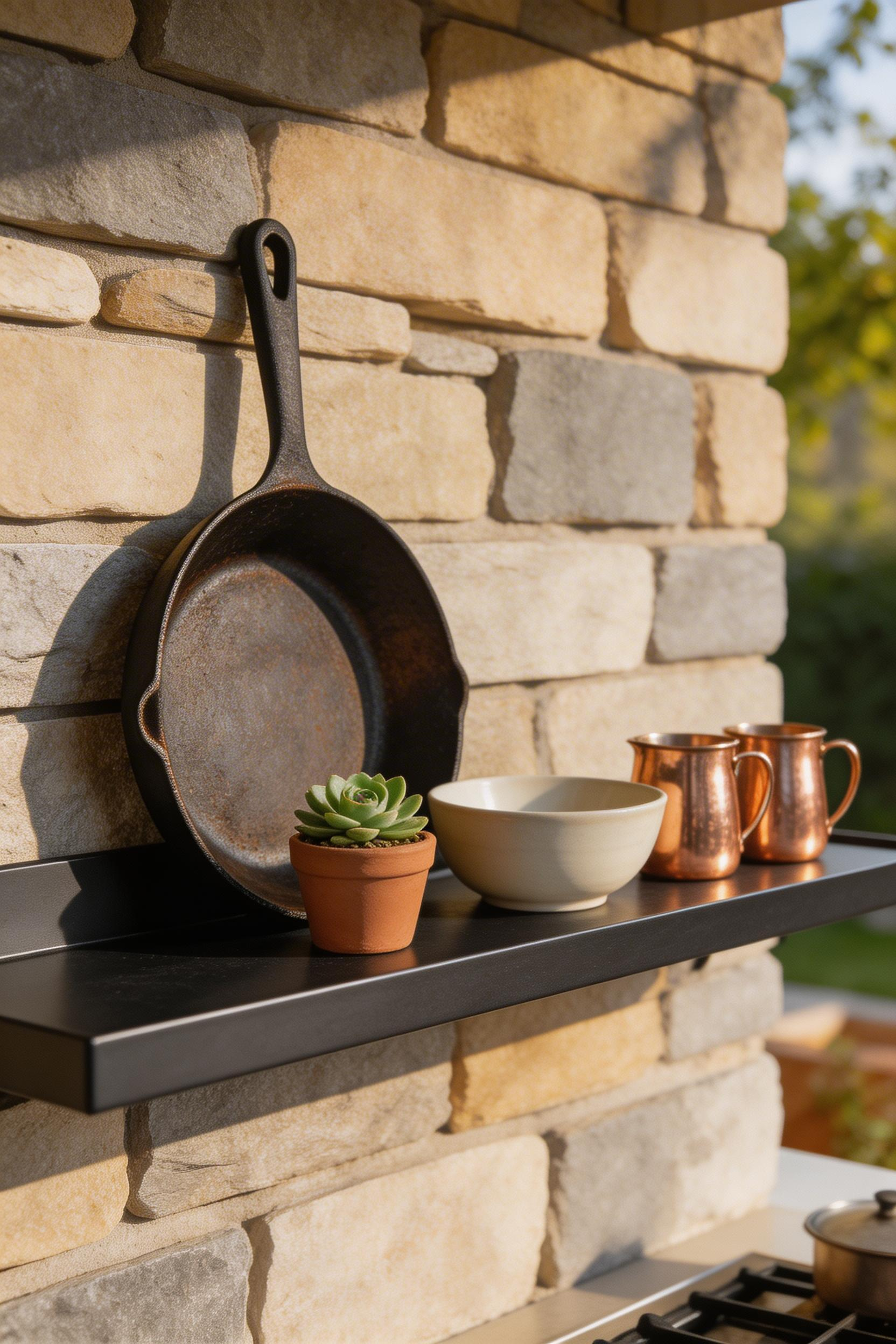 A styled open shelf brings outdoor kitchen decor together with cookware, living plants, and ceramics displayed at prep-station height.