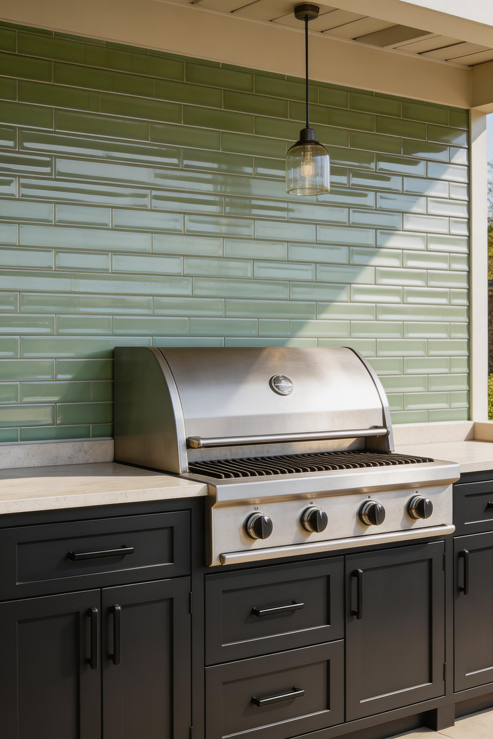 A tiled backsplash brings colour and pattern to outdoor kitchen decor while protecting the wall behind the cooking station from heat and grease.