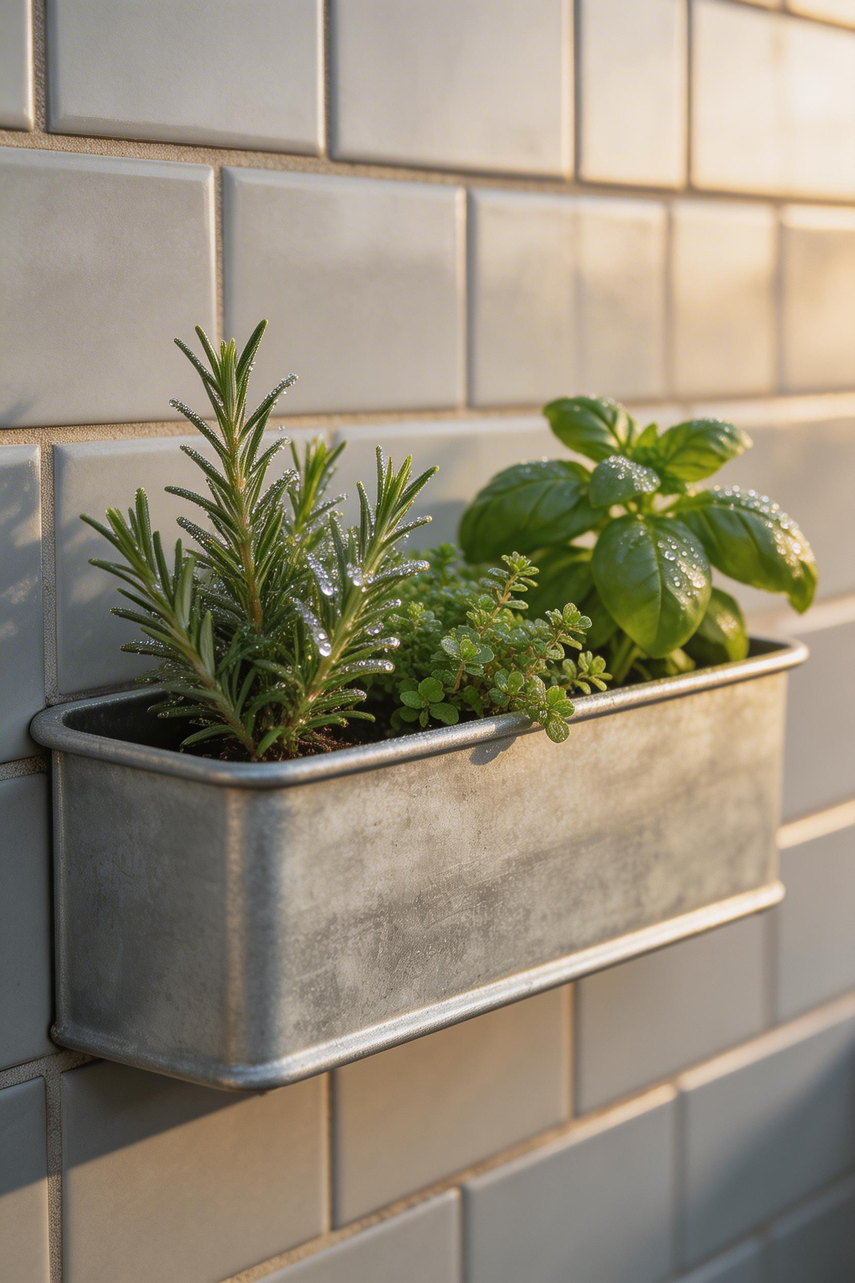 A counter-height herb planter brings outdoor kitchen decor to life with fresh ingredients and greenery within arm's reach of the grill.