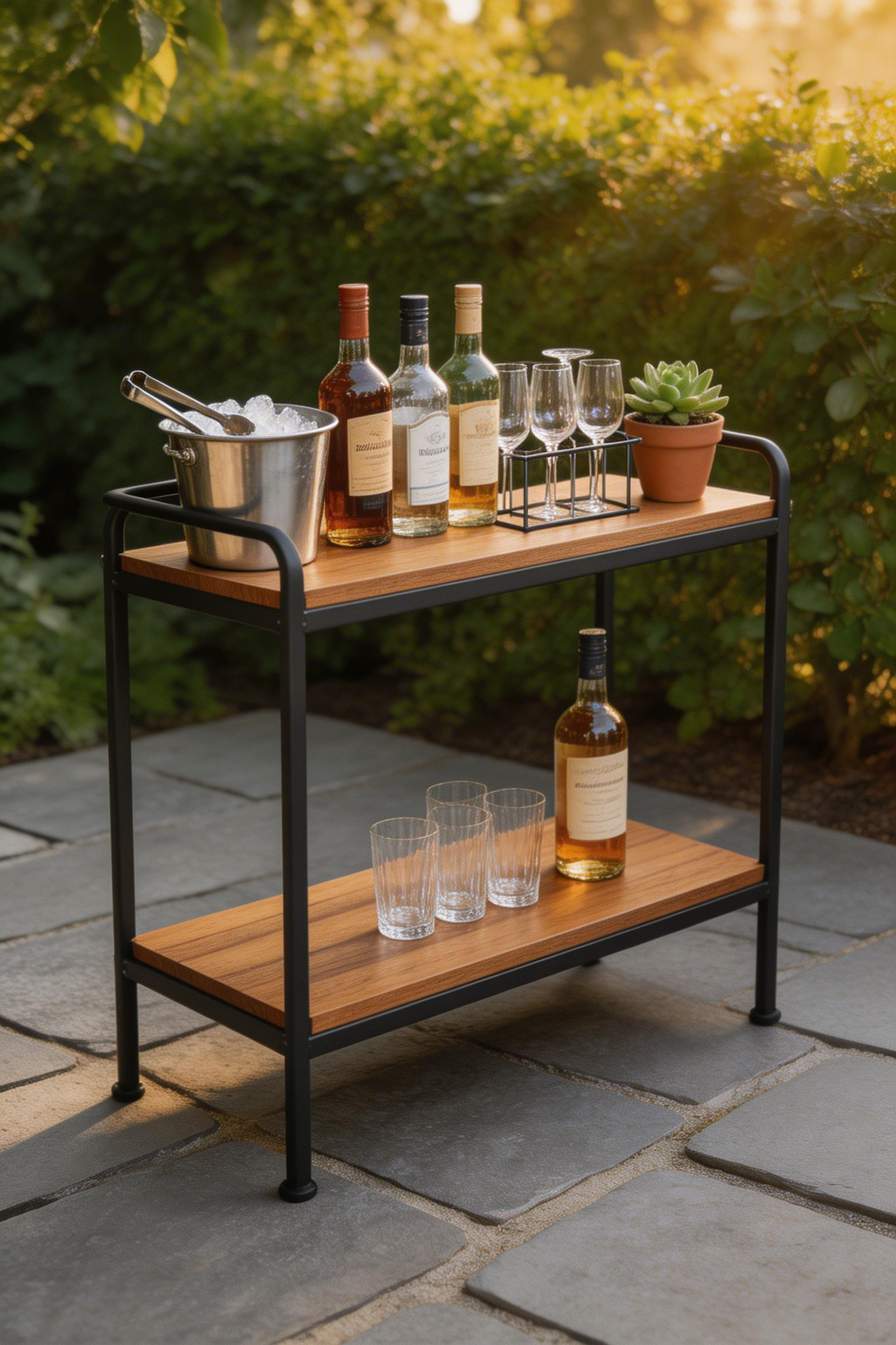 A well-placed bar cart creates a social anchor in outdoor kitchen decor and moves guests away from crowding the cooking station.