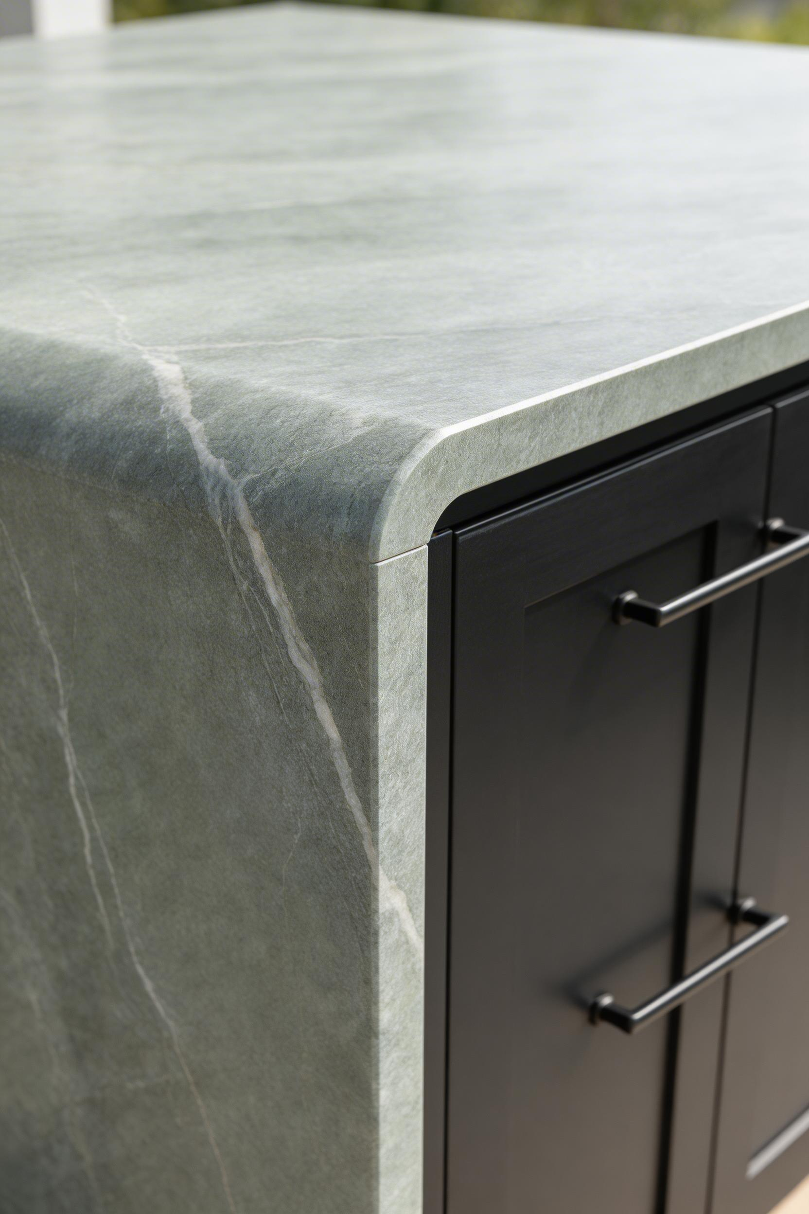 A well-chosen countertop edge profile adds refined detail to outdoor kitchen decor and is visible from every angle around the island.