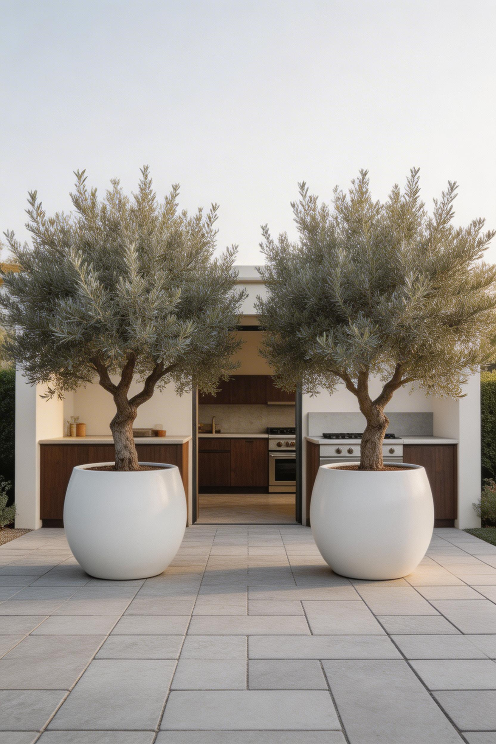 Matching potted olive trees frame the outdoor kitchen zone with living architecture and bring year-round structure to the decor.