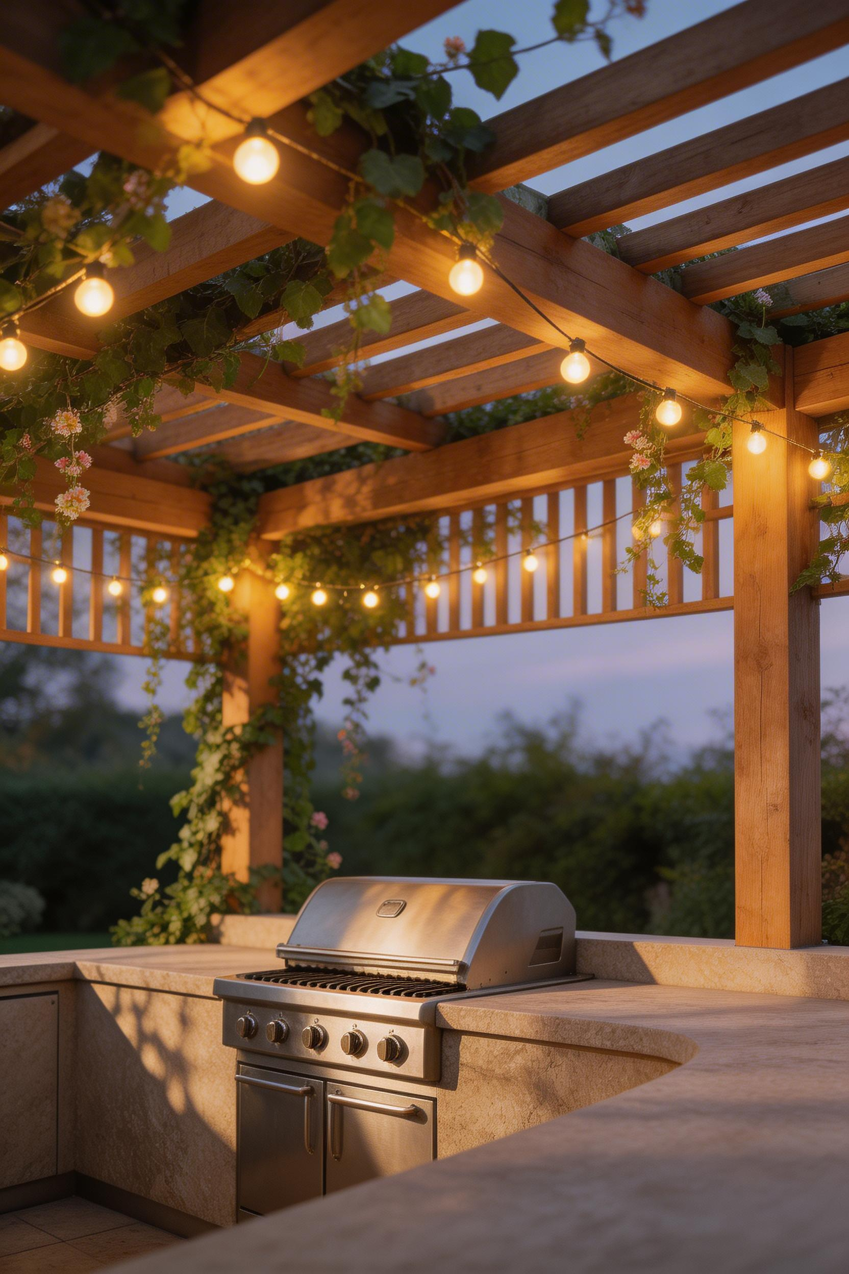 An overhead timber pergola is the single most transformative addition to outdoor kitchen decor, turning a patio cooking station into an enclosed room.