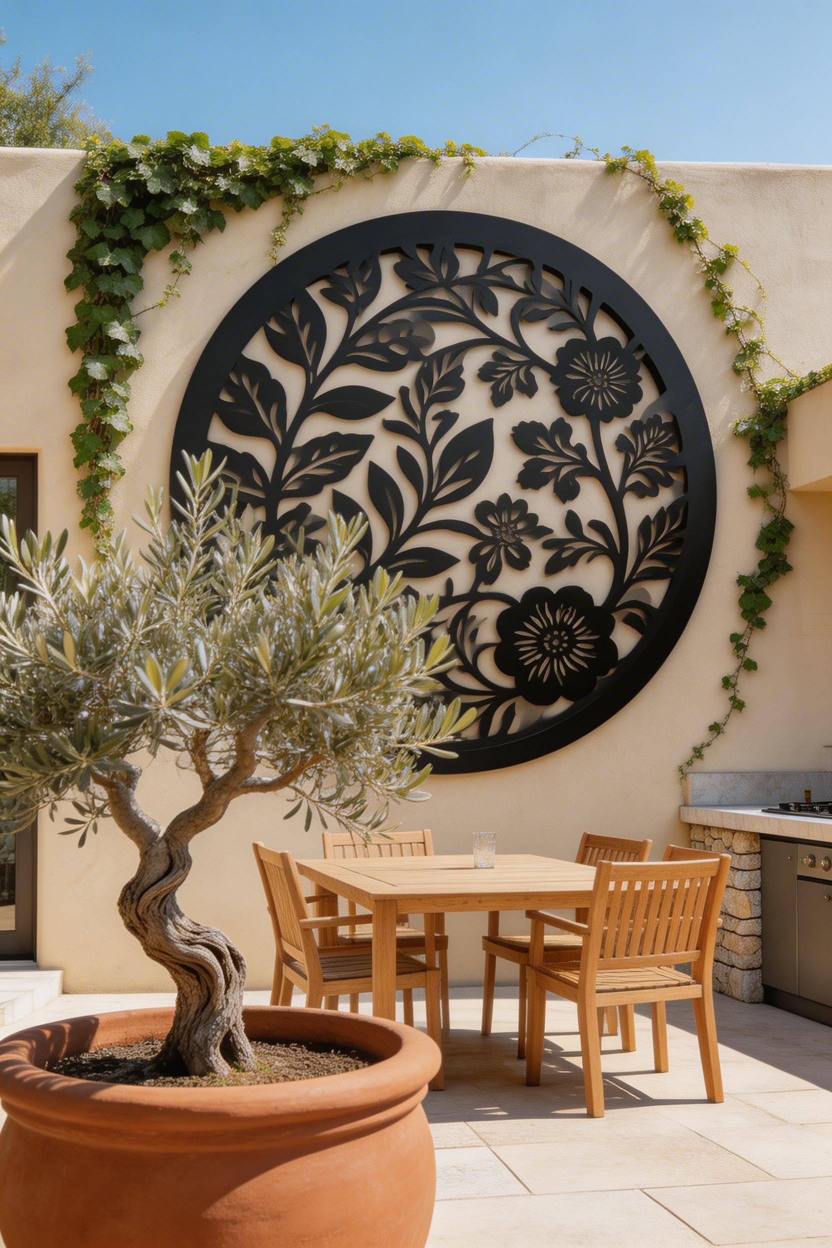 Weather-proof wall art anchors outdoor kitchen decor and transforms a bare exterior wall into a visual focal point.