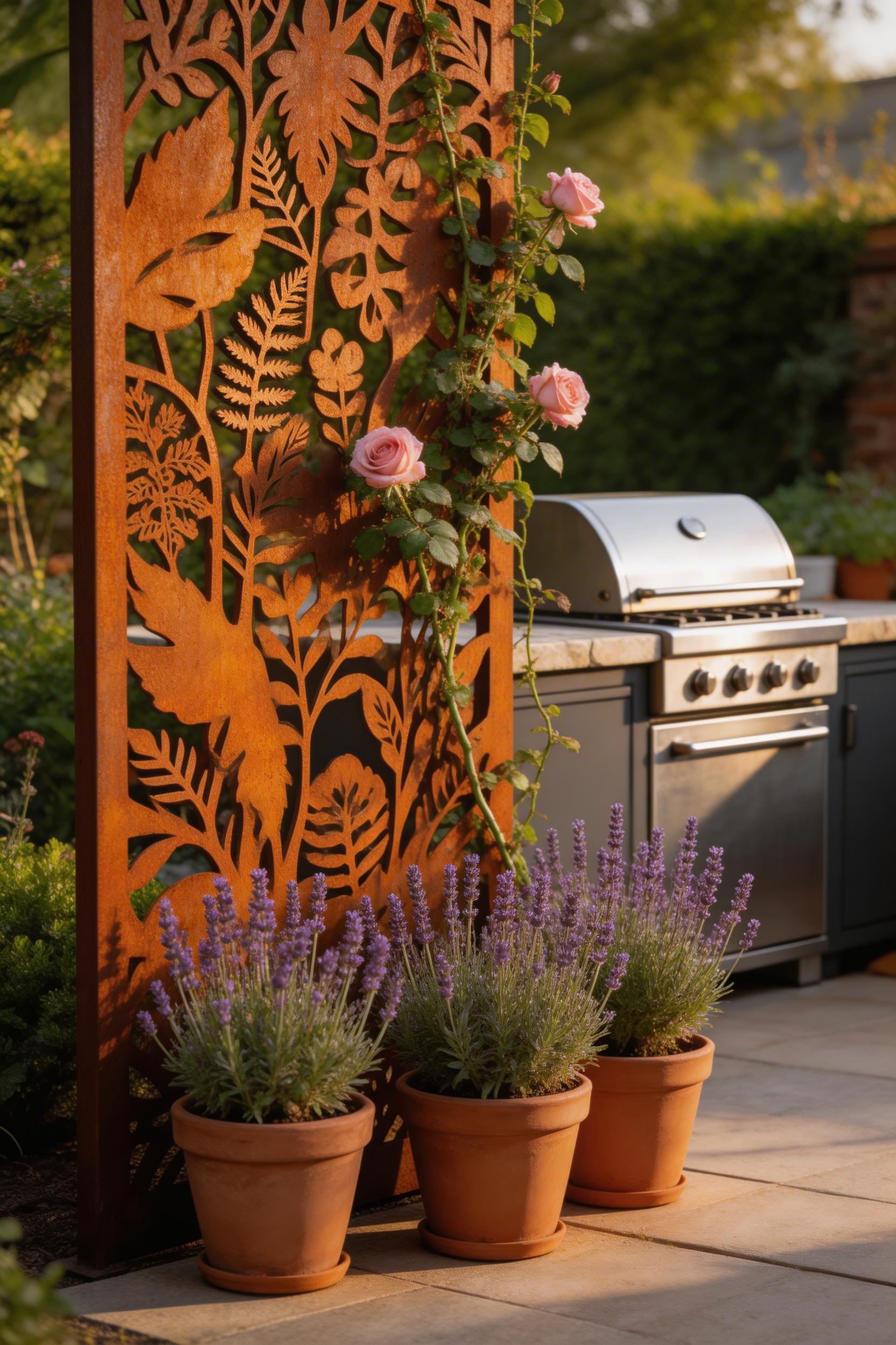 A decorative privacy screen adds structure and texture to outdoor kitchen decor while solving the practical problem of wind and line-of-sight exposure.