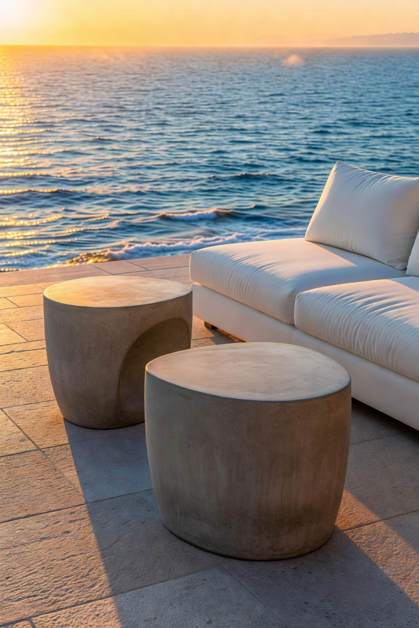 Modern sculptural concrete accent tables on a coastal porch with a view of the ocean.