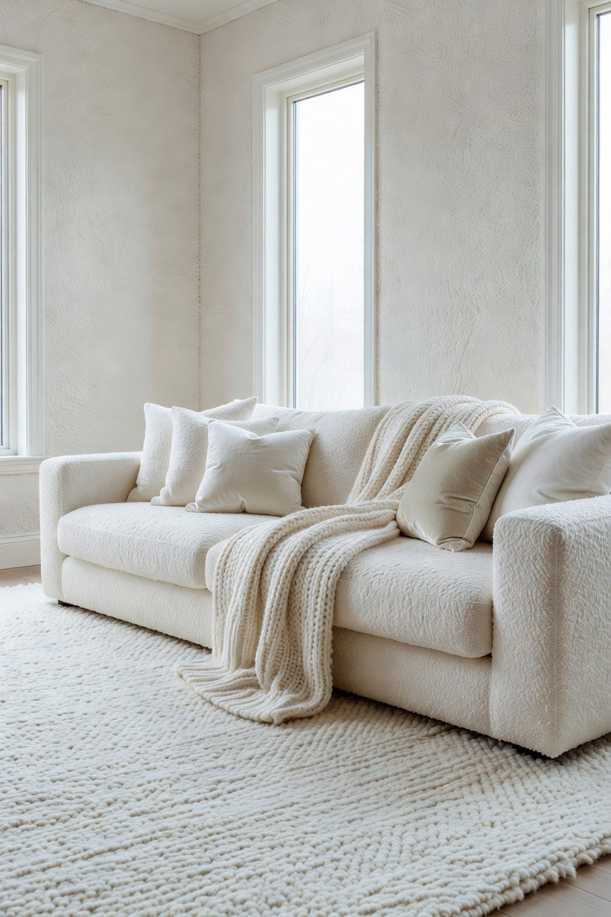 A bright white living room decorated with layered textures like wool rugs and knit throws for seasonal adaptation.