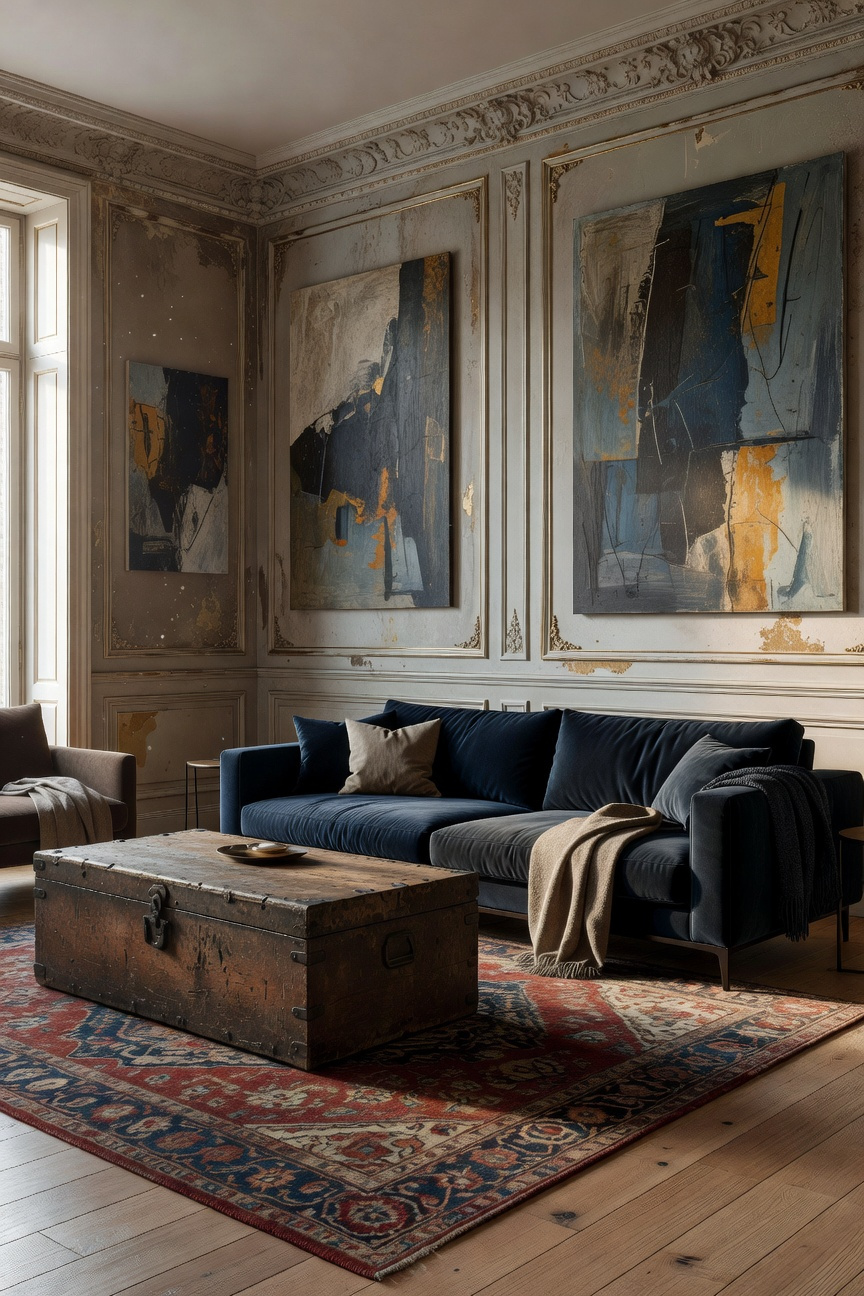 A luxurious living room interior featuring a sleek modern blue sofa paired with a vintage 19th-century wooden trunk in a curated, sophisticated setting.