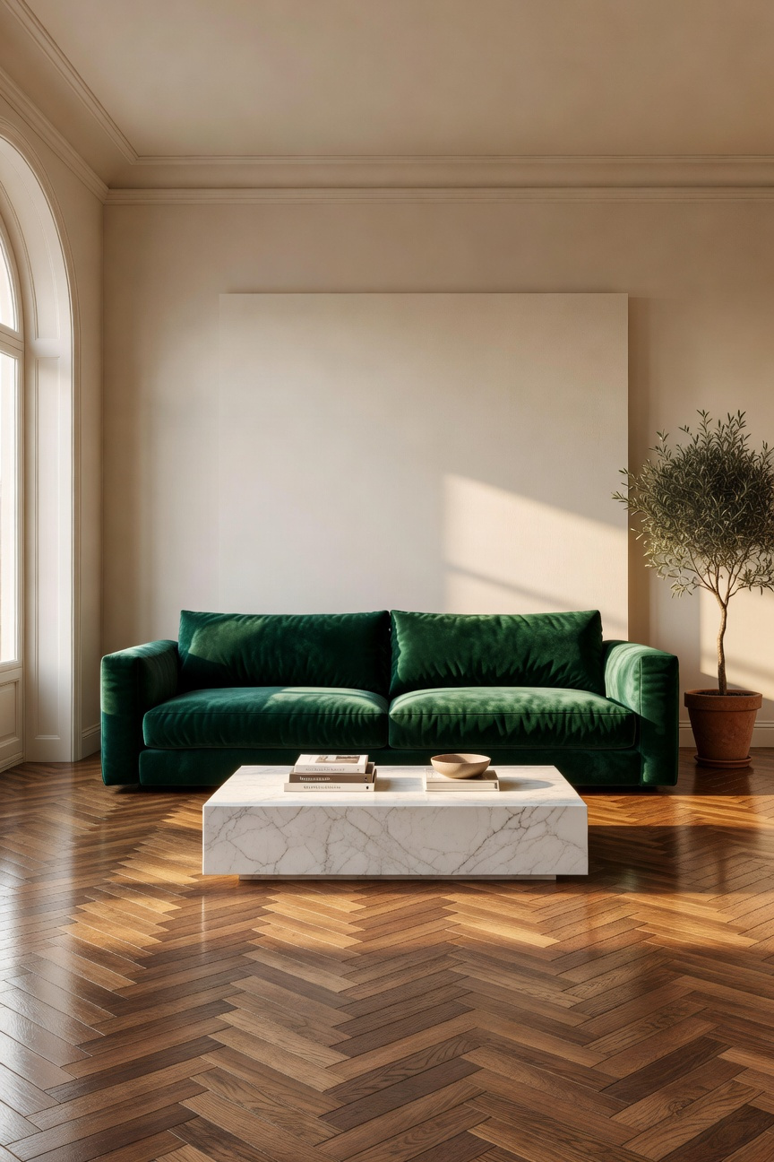 A large emerald green velvet statement sofa centered in a modern living room, demonstrating proper scale and living room style.