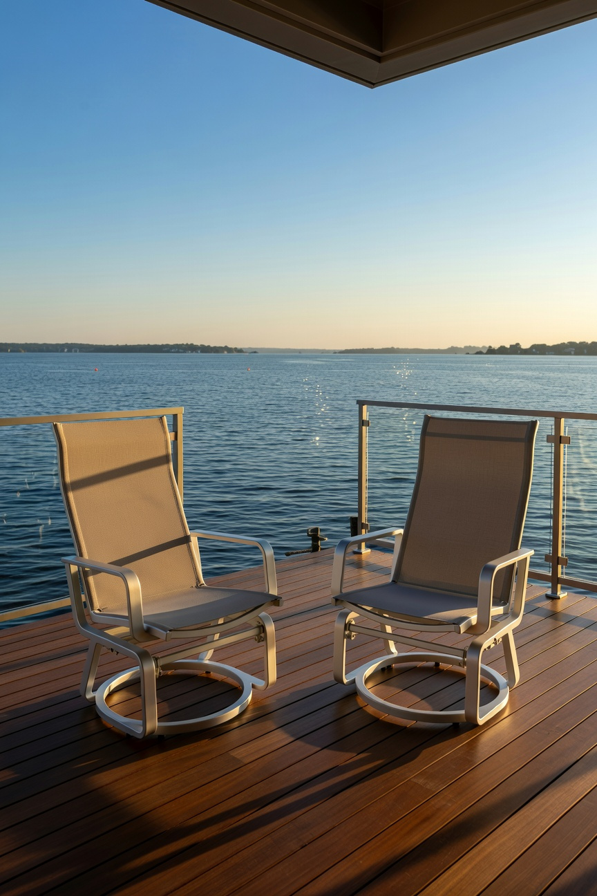 Two modern swivel glider porch chairs with gray sling seats on a high-end wooden deck overlooking the ocean at sunset.