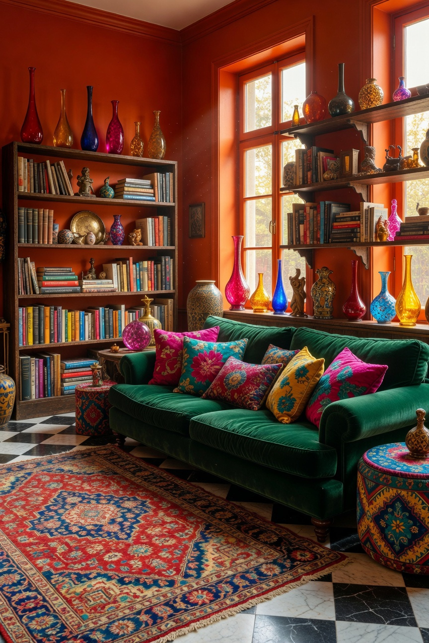 A bright and colorful maximalist living room with orange walls and layered patterns designed for joy.
