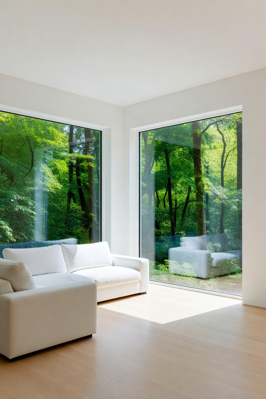A minimalist white living room featuring large windows that frame a lush green forest view, highlighting the biophilic design and color contrast.