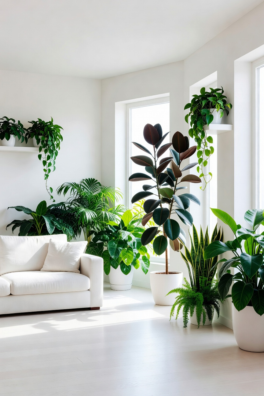 A modern white living room featuring a large dark-leafed rubber tree and lush green plants in a bright, sunlit interior.