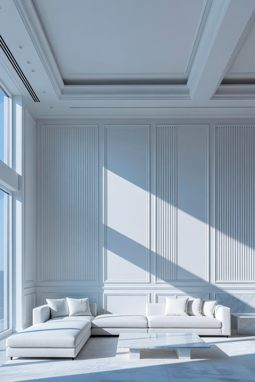 A bright white living room featuring textured wall panels and architectural details that create depth through natural shadows and light.