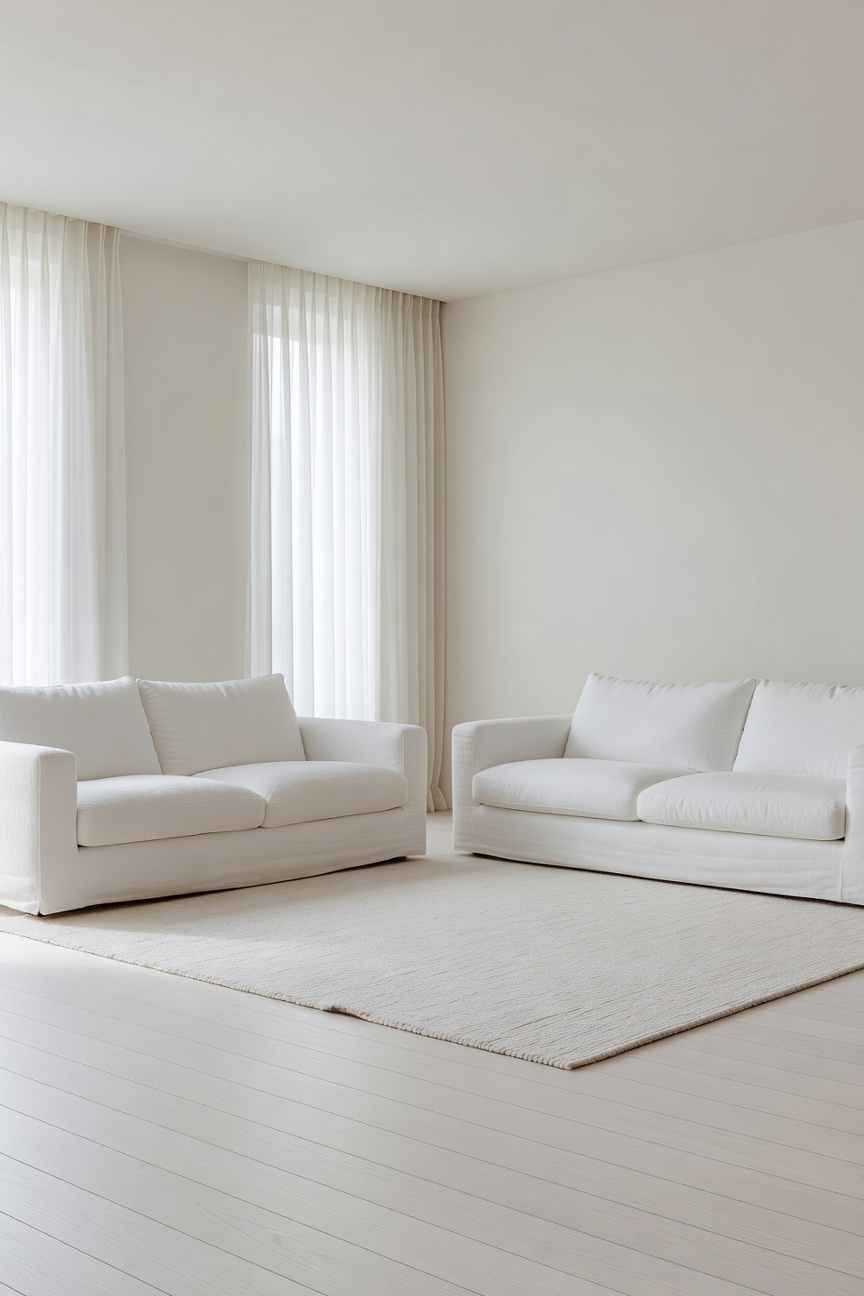 A serene all-white living room decoration with monochromatic furniture and soft natural lighting to create a detoxifying visual space.