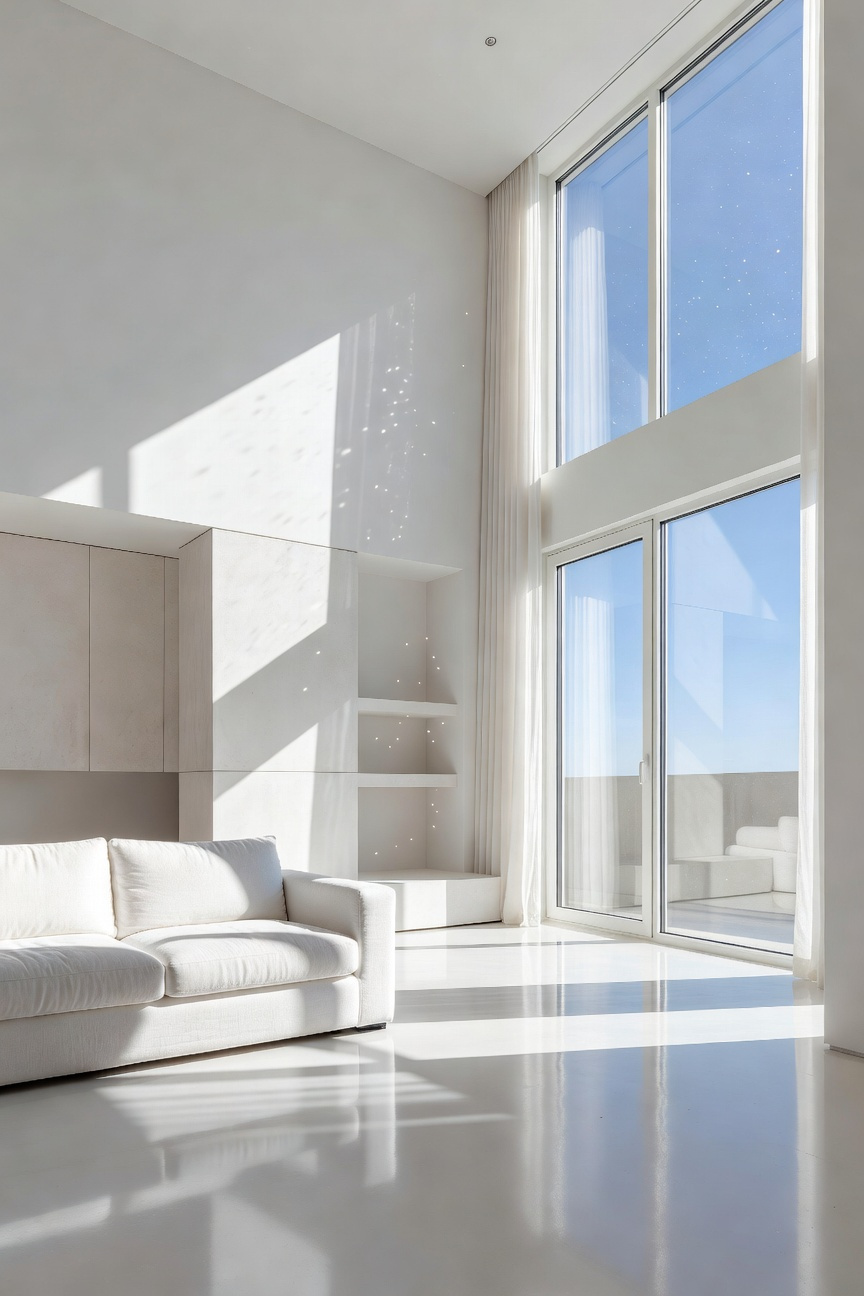 A bright white living room with morning sunlight creating patterns of light and shadow on the walls and floor to illustrate circadian illumination.