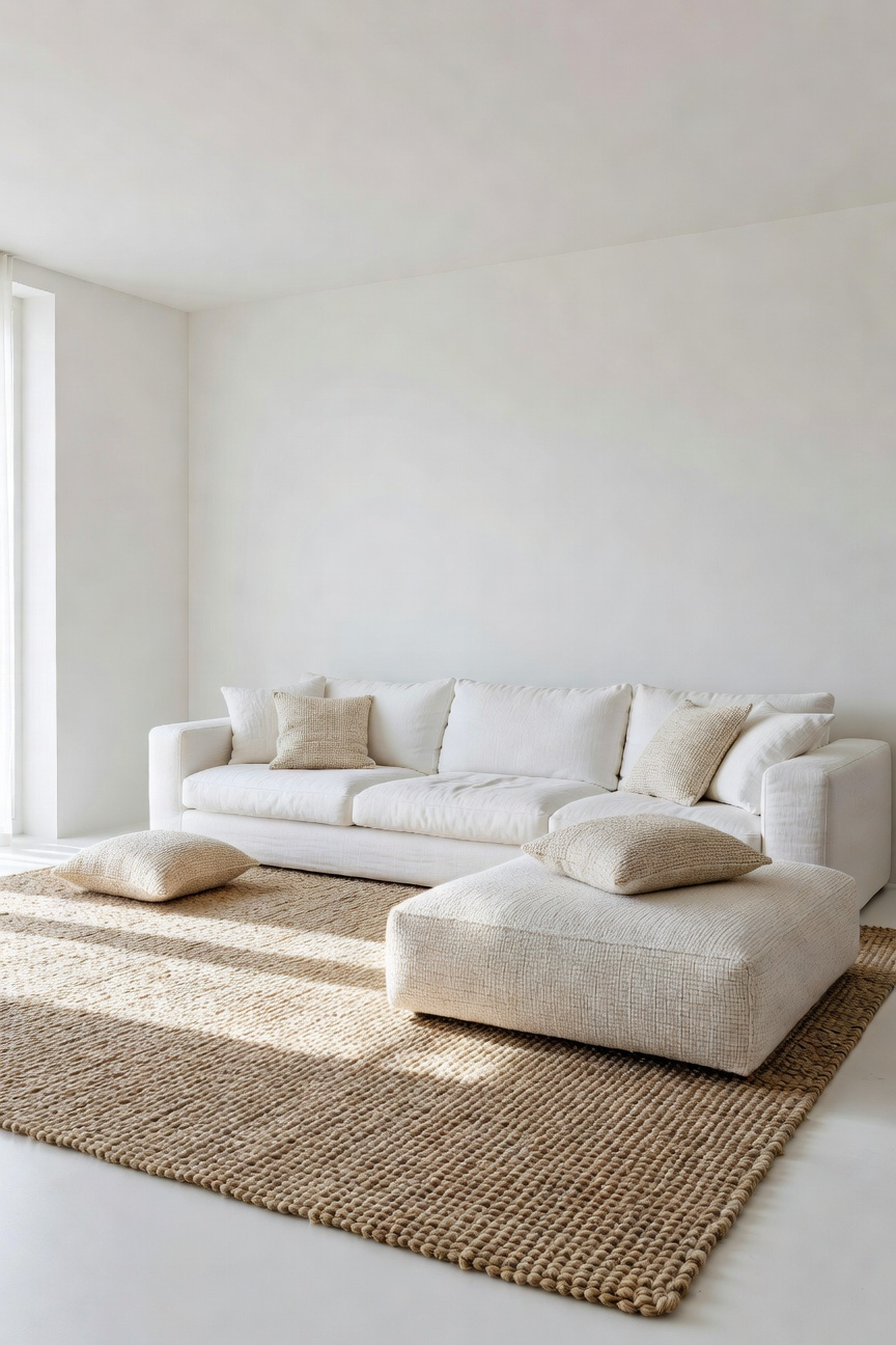 A bright white living room featuring a large woven jute rug and hemp accessories to add natural texture and warmth.