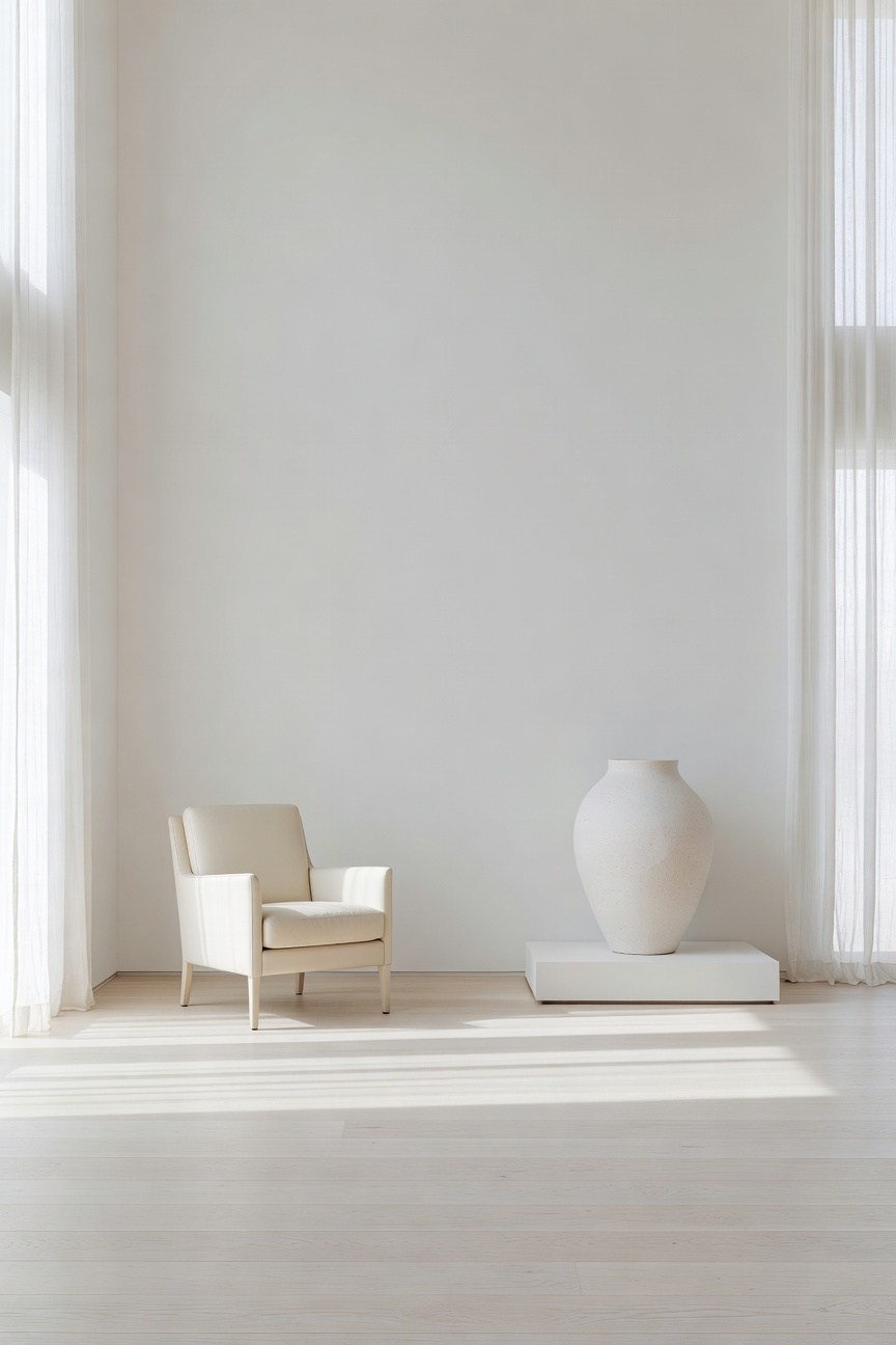 A bright and airy white living room decorated with minimalist furniture and a sculptural vase to create a serene gallery-like atmosphere.