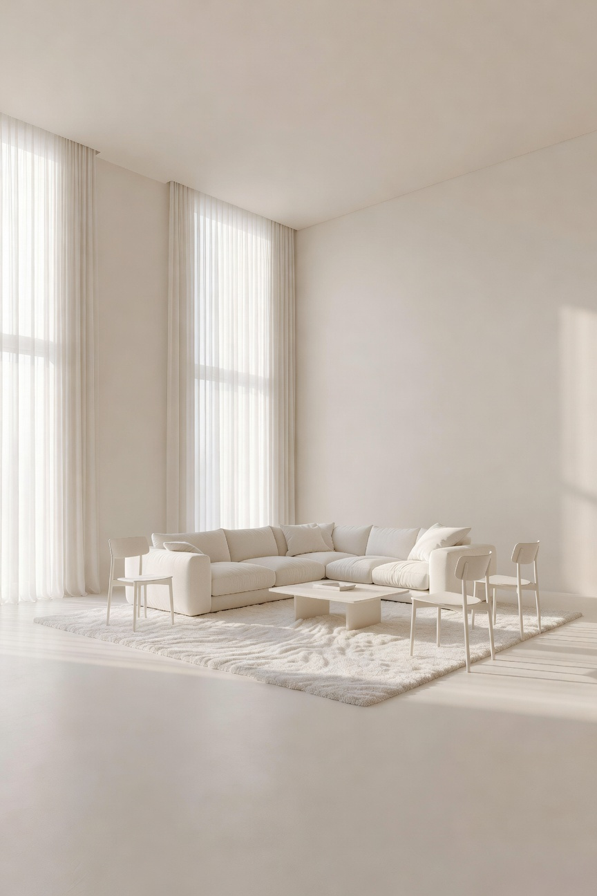 A serene and minimalist white living room with high ceilings, large windows, and clean white furniture designed for mental decompression.