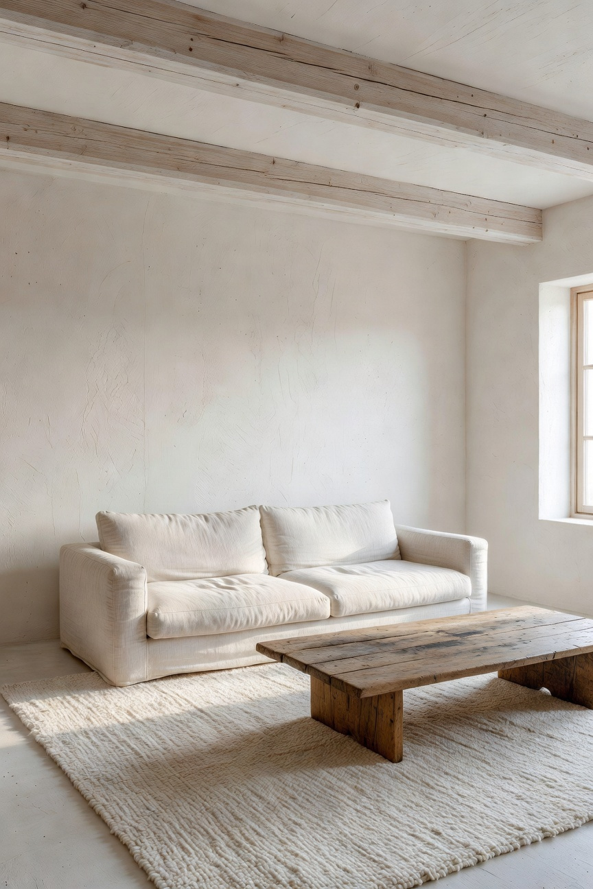 A bright white living room with organic textures, untreated wood accents, and soft natural lighting.