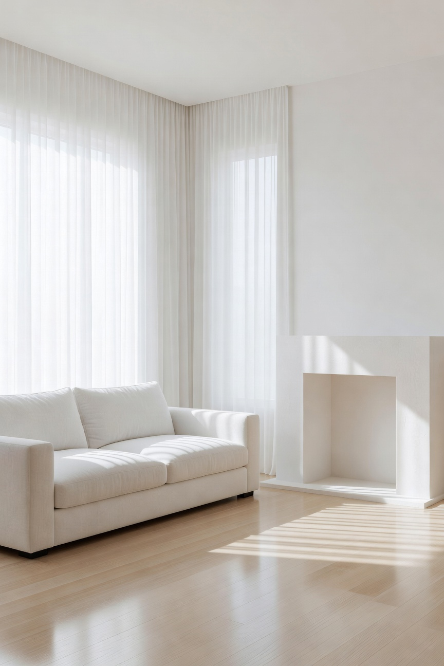 A pristine and minimalist white living room filled with natural light to create a peaceful sanctuary for renewal.