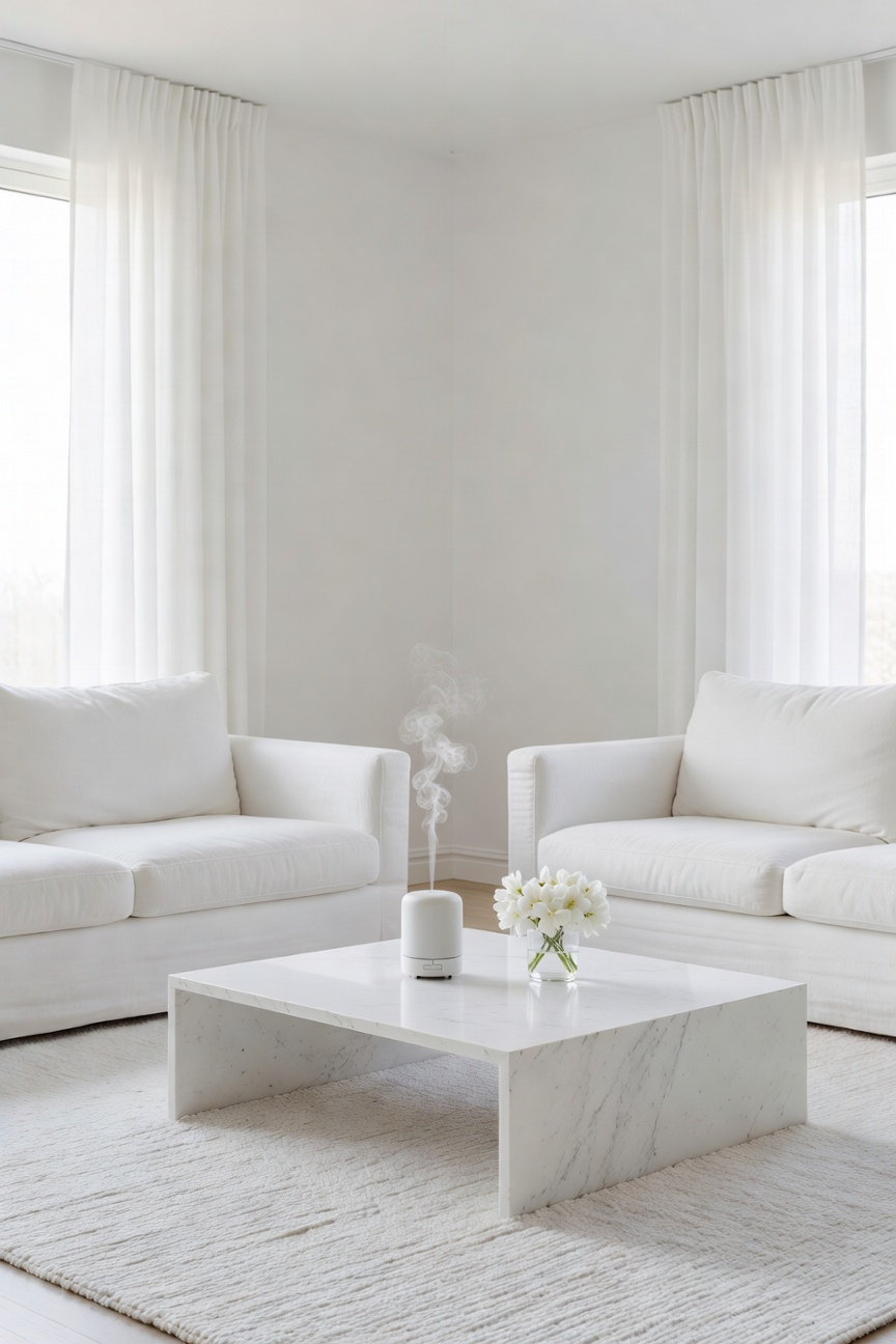A bright minimalist white living room with white furniture and a ceramic diffuser on a marble table surrounded by soft natural light.