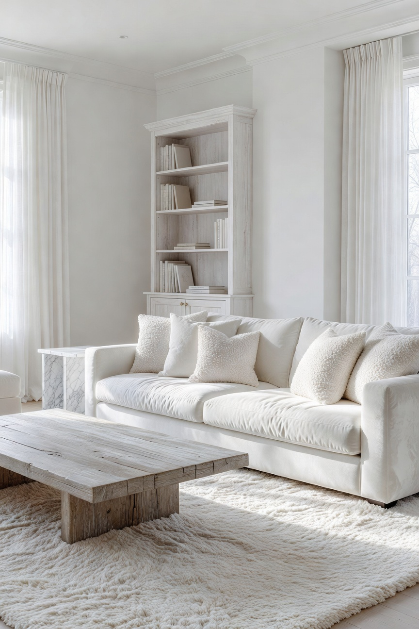 A bright, all-white living room showcasing a variety of textures including a velvet sofa, pickled wood coffee table, and plush area rug.