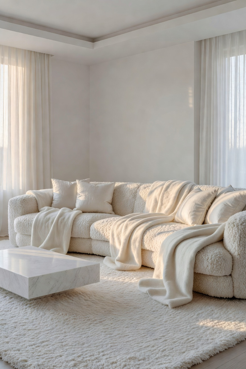 A luxurious all-white living room featuring a textured bouclé sofa and cashmere accents to create a warm and inviting atmosphere.